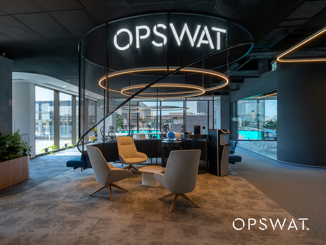 Modern OPSWAT Romania office lobby highlighting OPSWAT Romania role in critical infrastructure cybersecurity