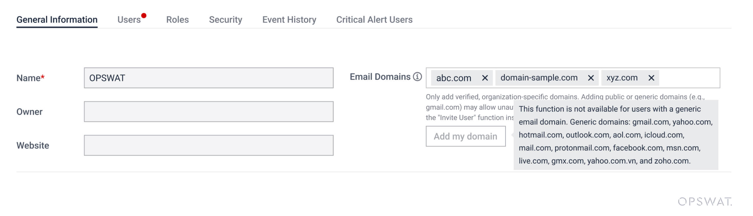 Interfața de utilizator My OPSWAT Portal v2025.2.3 prezintă restricții privind domeniul de e-mail pentru o securitate sporită în cererile de aderare