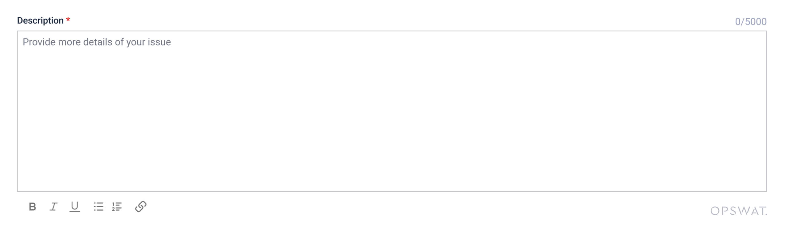 Caseta de descriere a cazului My OPSWAT Portal v2025.2.3 cu suport text bogat și opțiuni de formatare