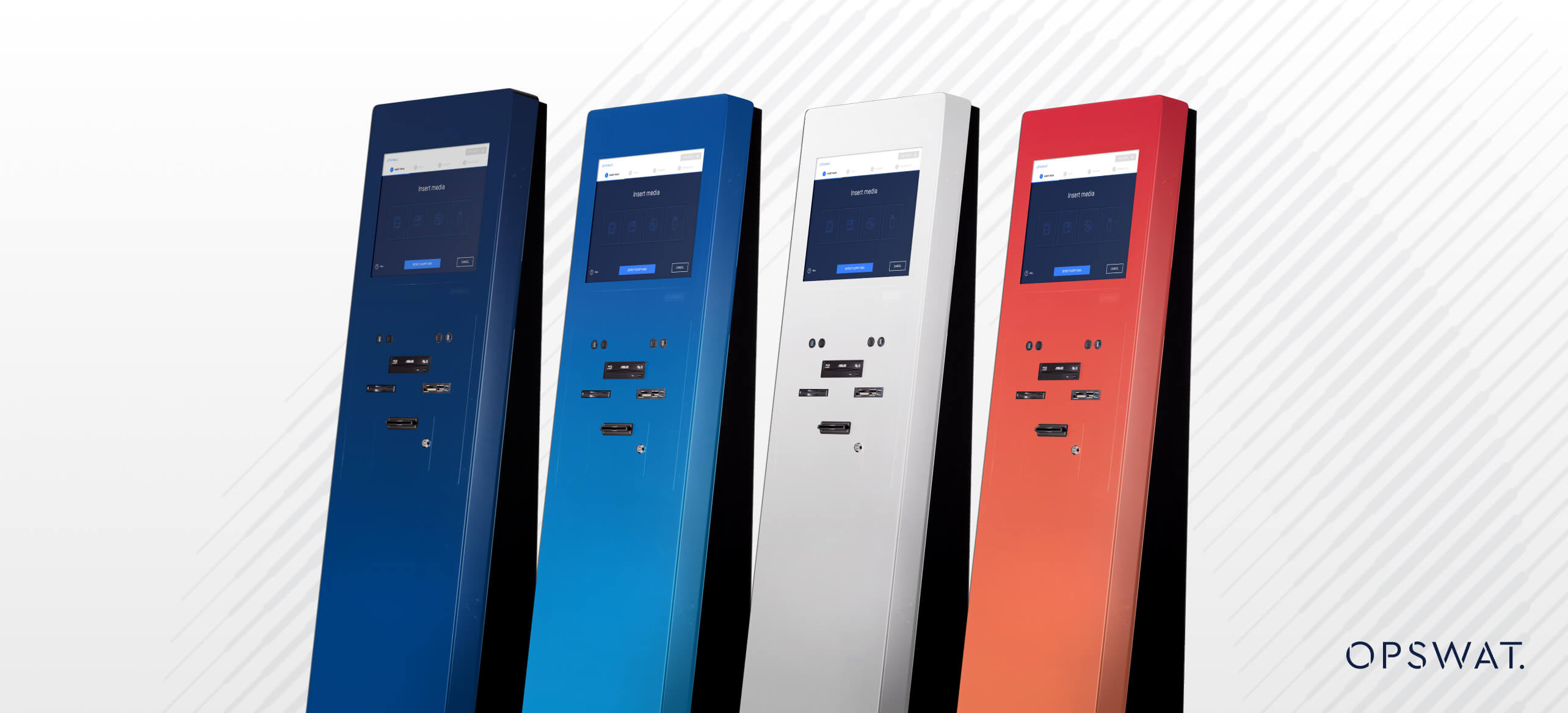 صورة تعرض أربعة أبراج MetaDefender Kiosk بألوان مختلفة، مع التركيز على خيارات التخصيص للعلامة التجارية والمتطلبات المحددة