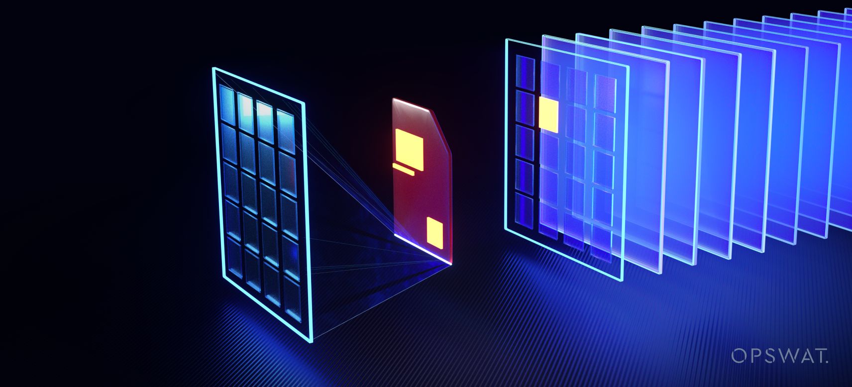 Đồ họa trừu tượng cho thấy Metascan Multiscanning với các bảng điều khiển nhiều lớp và luồng dữ liệu giữa chúng