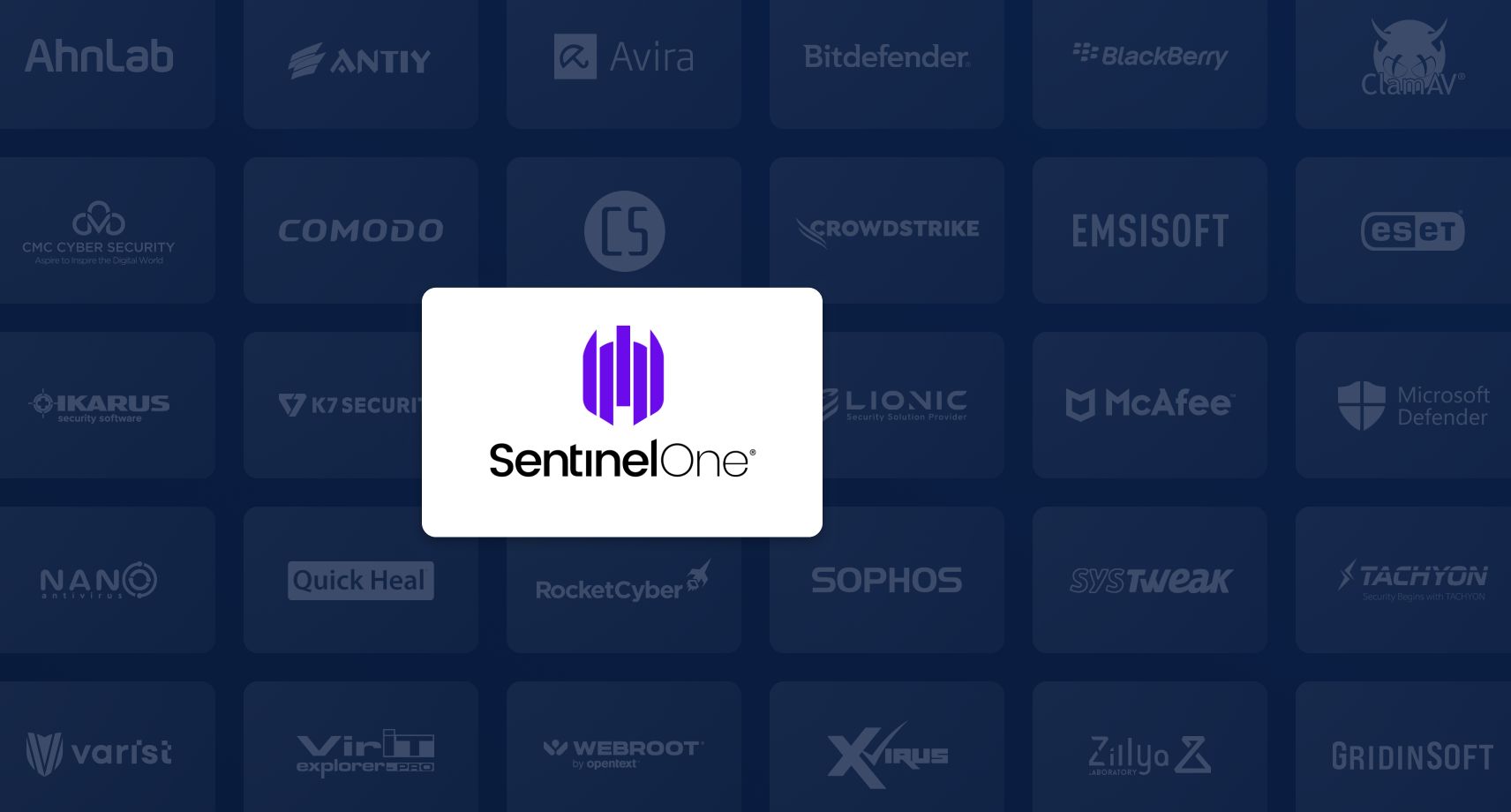 Logo SentinelOne tham gia Metascan Multiscanning chồng logo nhà cung cấp an ninh mạng trên nền lưới tối