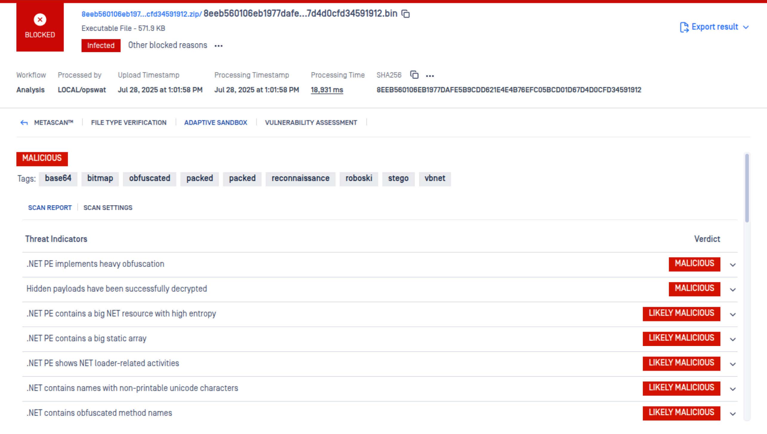 ملاحظات إصدار صندوق الحماية MetaDefender Core 2.4.0 واجهة المستخدم التي تعرض نتائج تحليل البرمجيات الخبيثة ومؤشرات التهديدات