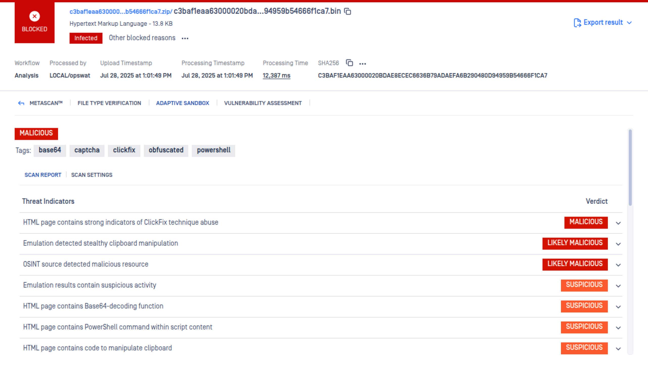 ملاحظات إصدار MetaDefender Core 2.4.0 Sandbox لتحليل البرمجيات الخبيثة التي تظهر مؤشرات التهديد والأحكام في تقرير الفحص