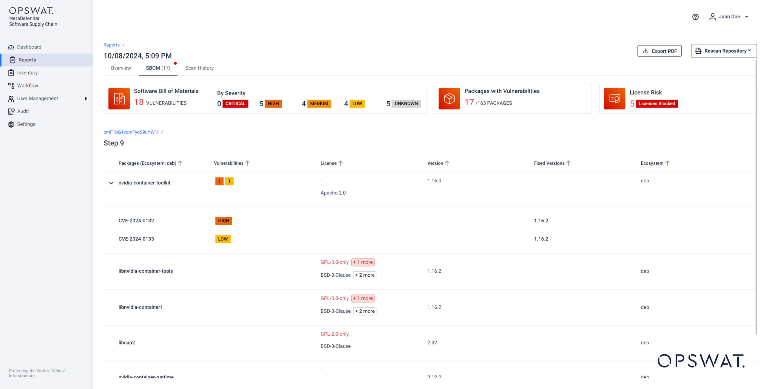 Yazılım güvenlik açıklarını ve lisans risklerini gösteren MetaDefender Software Supply Chain raporunun ekran görüntüsü