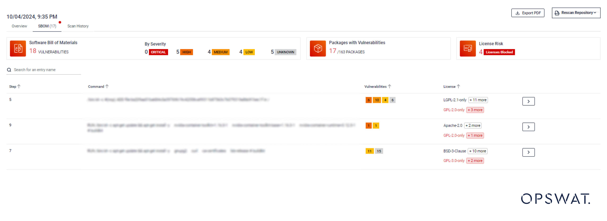 Yazılım güvenlik açıklarını, önem düzeylerini ve lisans risklerini detaylandıran SBOM raporu
