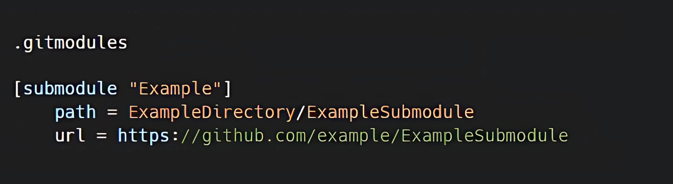.gitmodules 文件内容示例,展示名为 "Example "的子模块的配置