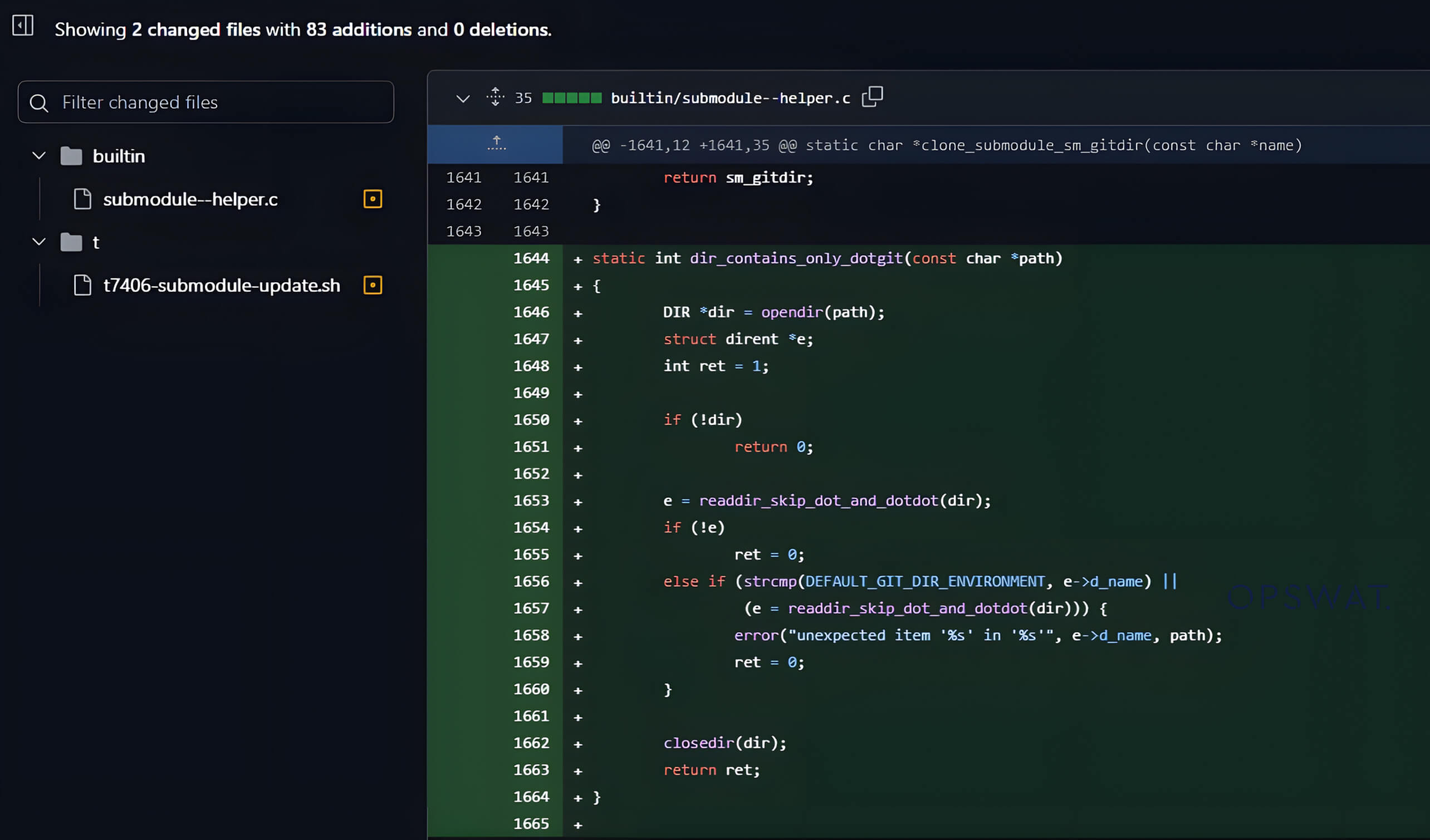 Git 界面中名为 submodule-helper.c 文件的代码变更,显示 83 处新增内容,无删除内容