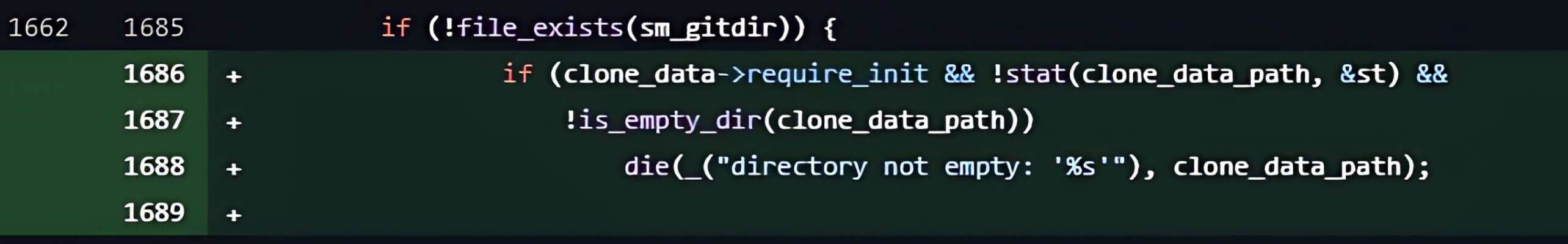 Git 提交的详细代码片段,突出显示了在子模块操作过程中检查目录内容的函数