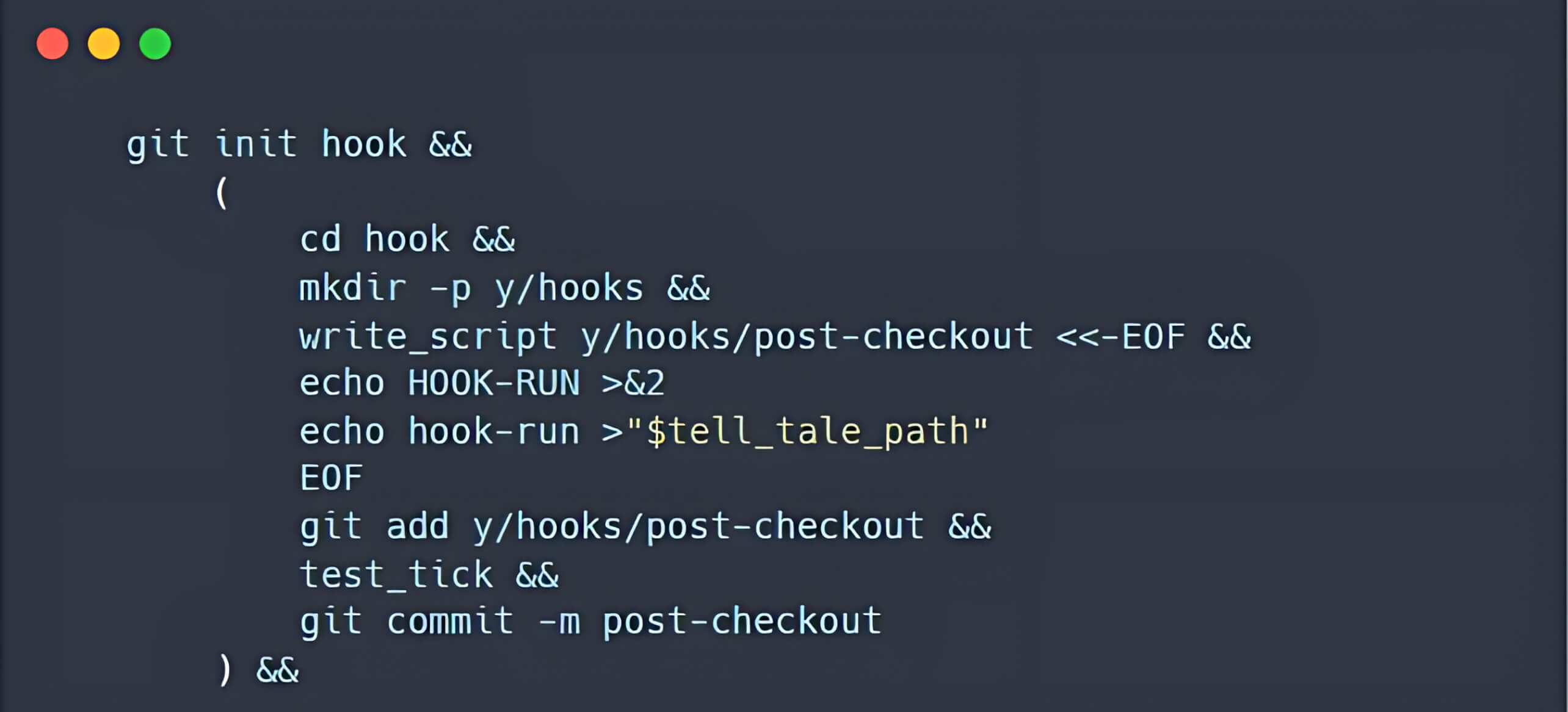 终端代码片段展示了在 Git 中设置签出后钩子的命令,包括创建目录和添加脚本