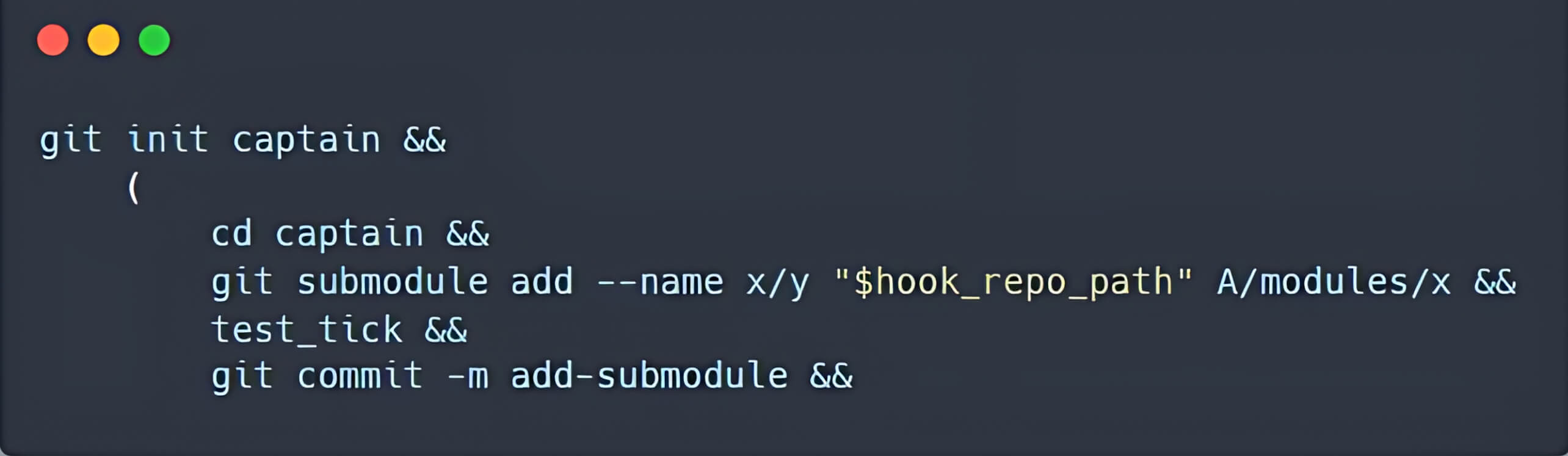 终端代码片段演示了使用 Git 命令向版本库添加子模块的过程