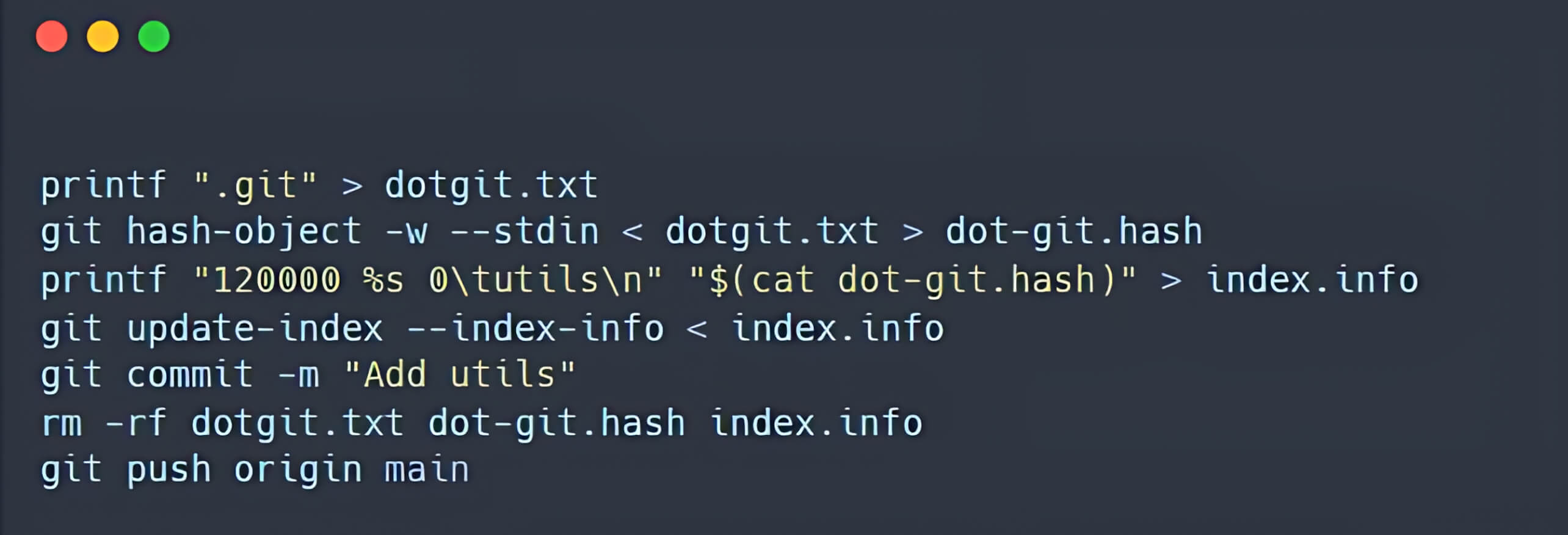终端脚本示例,突出显示在版本库中创建和提交 .git 文件的实用程序的命令