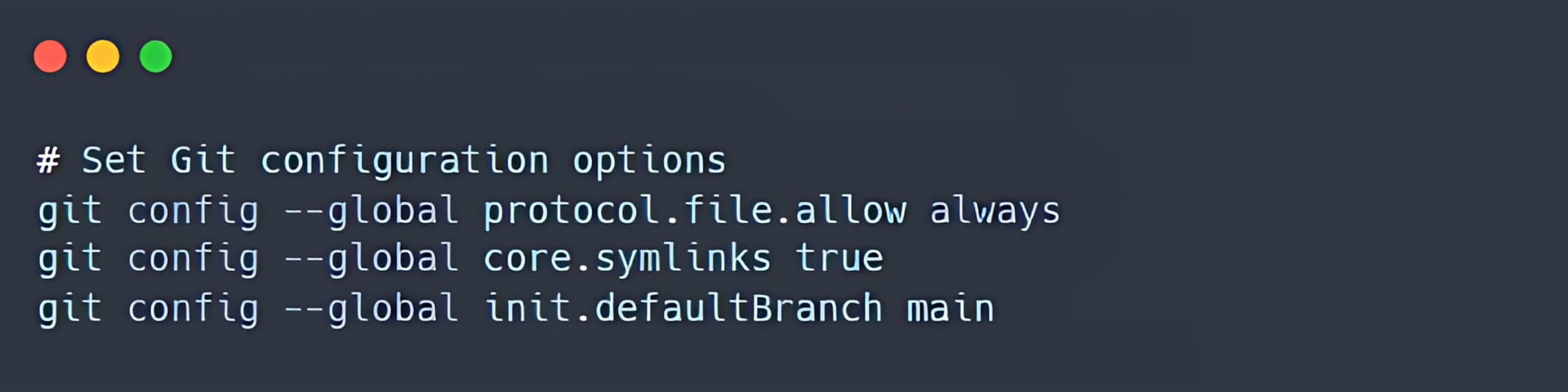 终端代码段展示了全局配置 Git 的符号链接处理设置和默认分支设置的命令