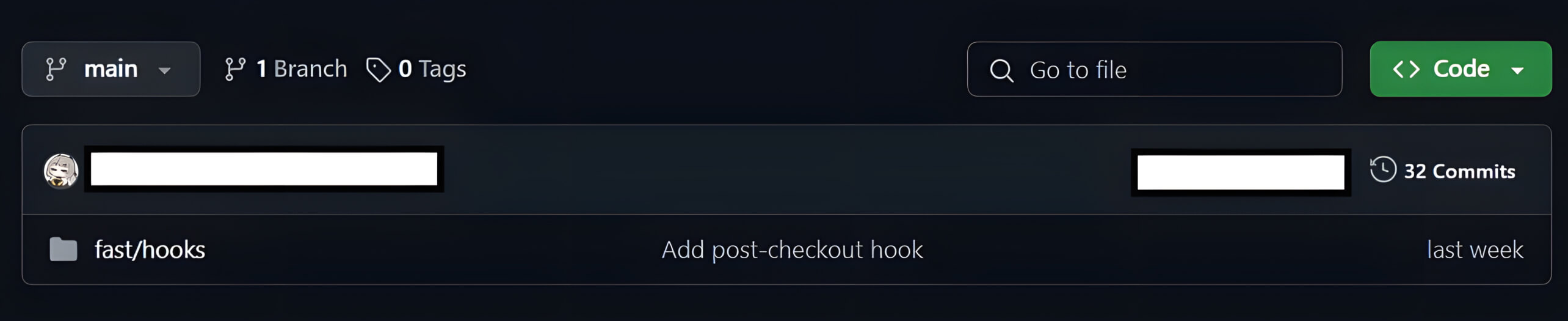 Git 仓库界面截图,显示一个带有签出后钩子的目录