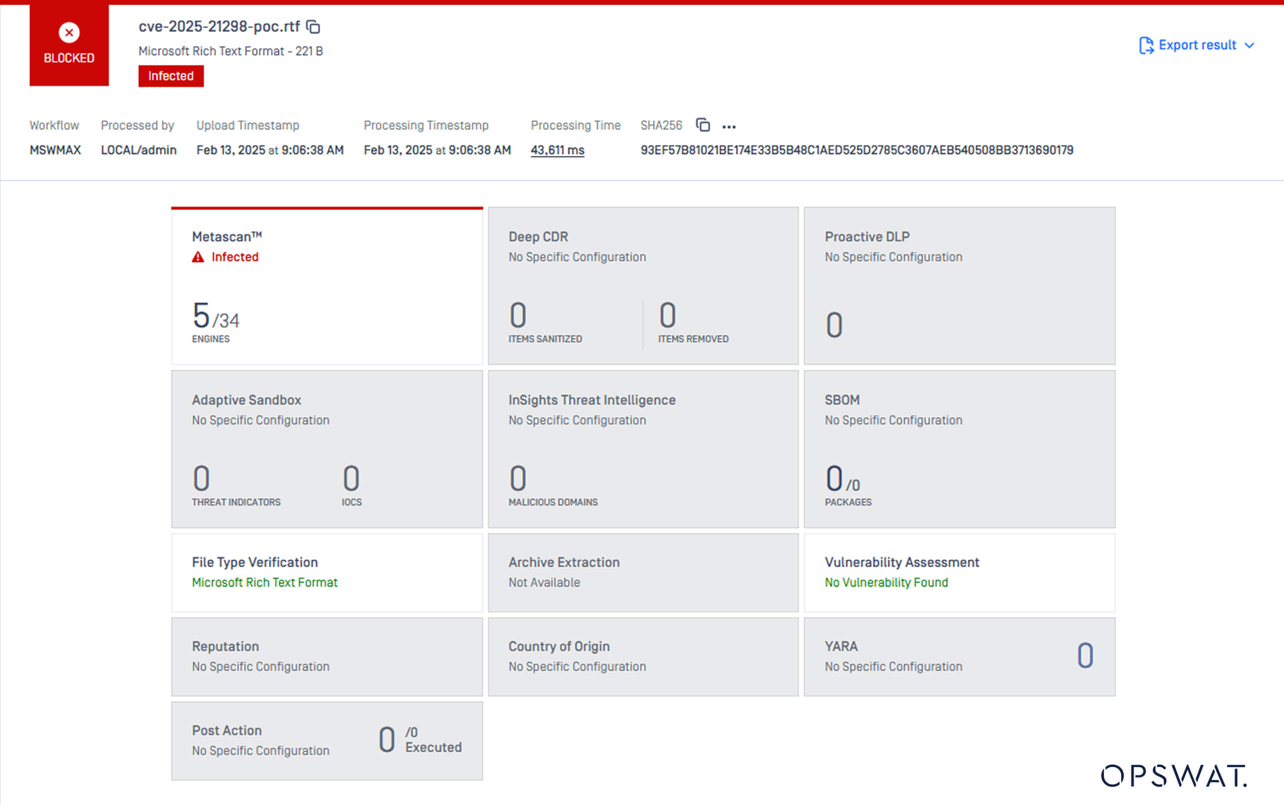 Metascan Multiscanning dashboard detecting CVE-2025-21298 in email attachments