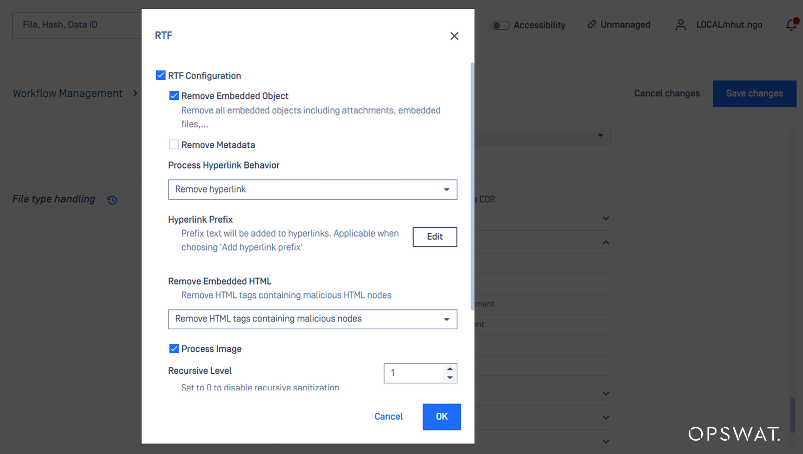 Screenshot of Deep CDR configuration panel with 'Remove Embedded Object' enabled for RTF files
