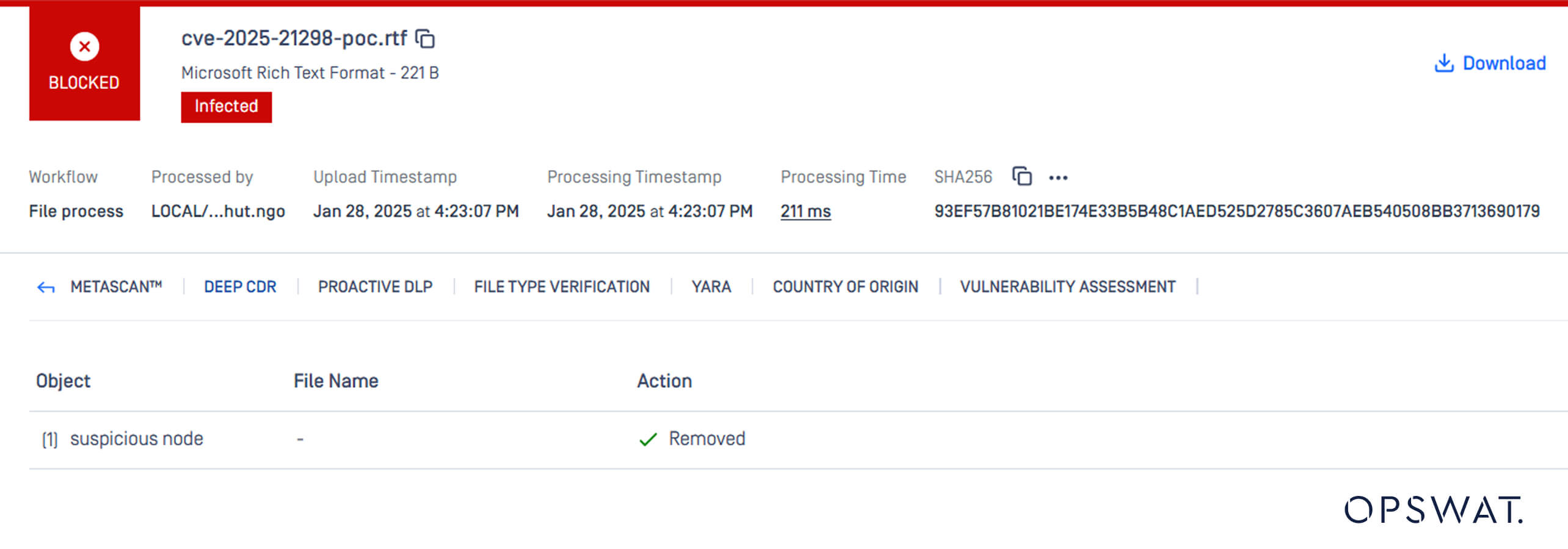 Scan result showing file marked as infected and embedded object removed by Deep CDR