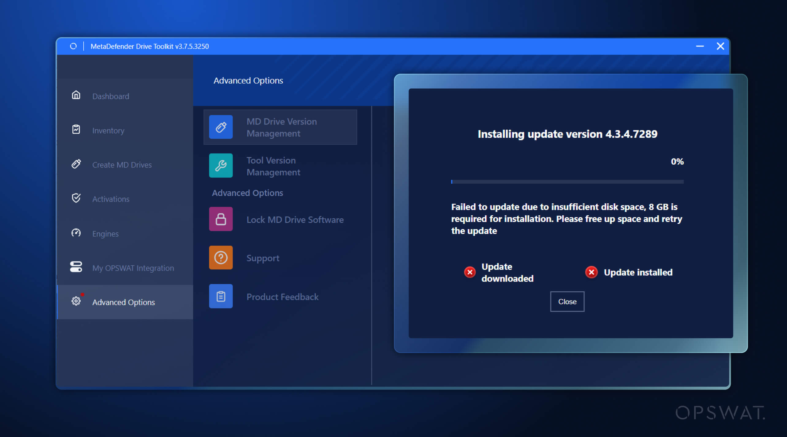 MetaDefender Drive Màn hình lỗi cập nhật Toolkit v3.7.5 hiển thị không thành công MetaDefender Drive Bản cập nhật quét phương tiện di động v4.3.5