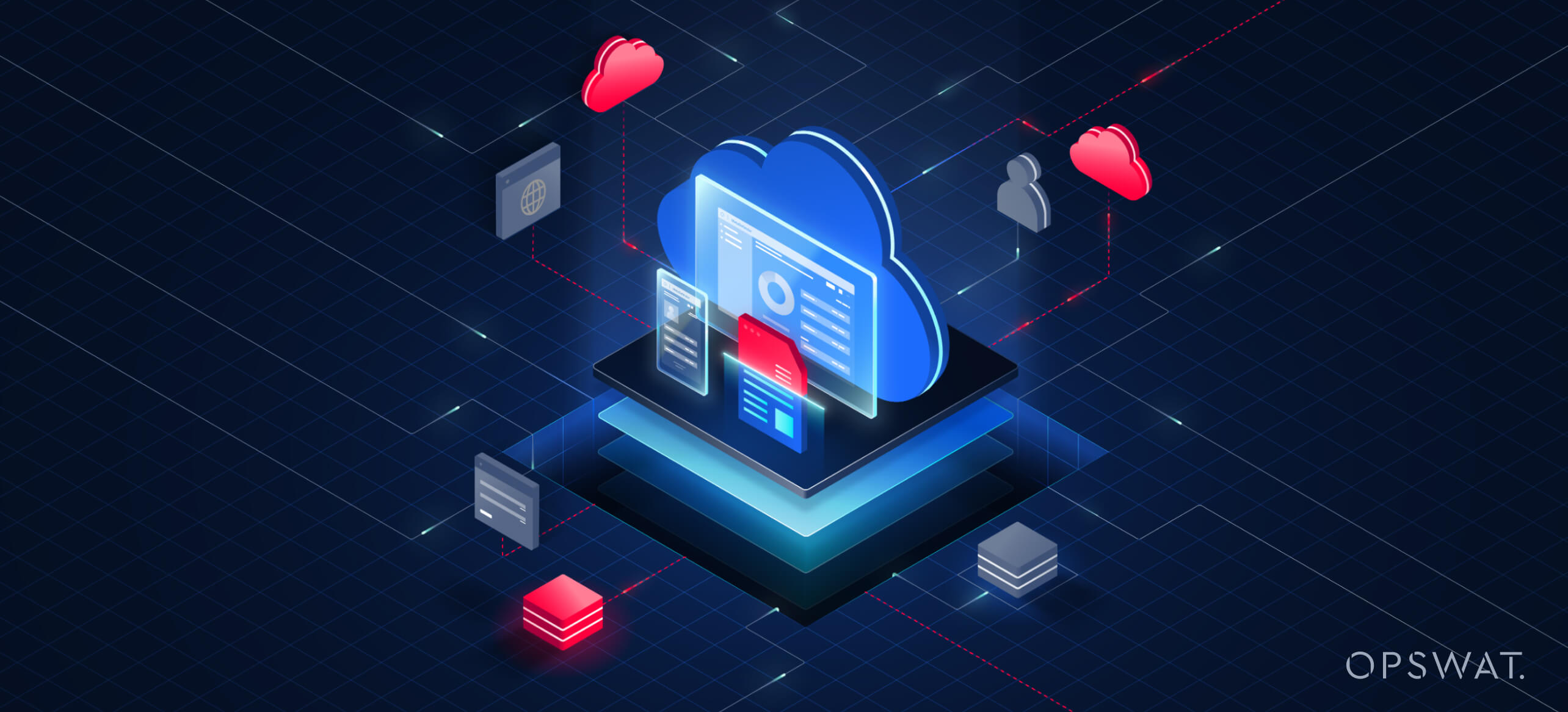 3D cloud graphic showing data, users, and files connected, illustrating common cloud vulnerabilities and protection