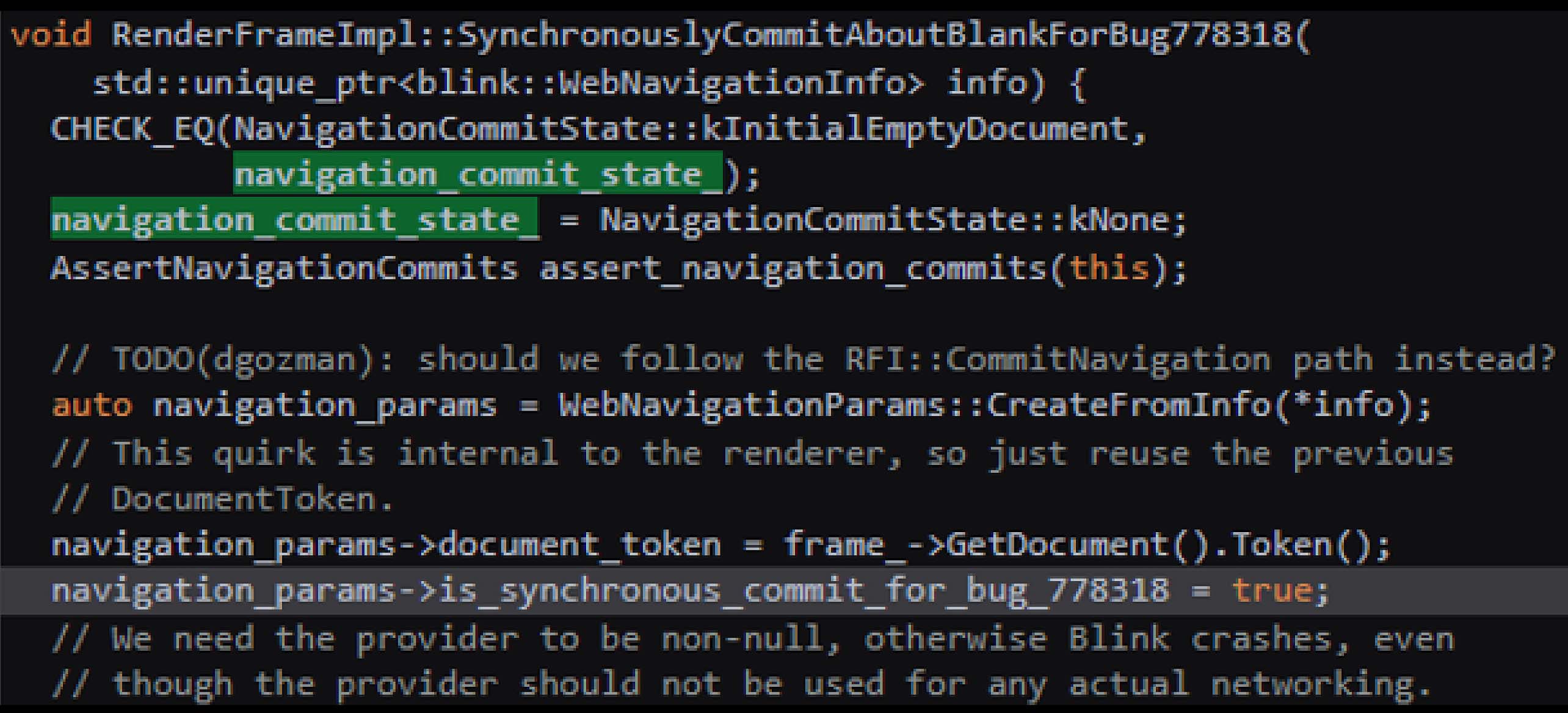 显示与 CVE-2024-6778 Chrome DevTools 漏洞崩溃相关的导航提交状态逻辑的代码片段