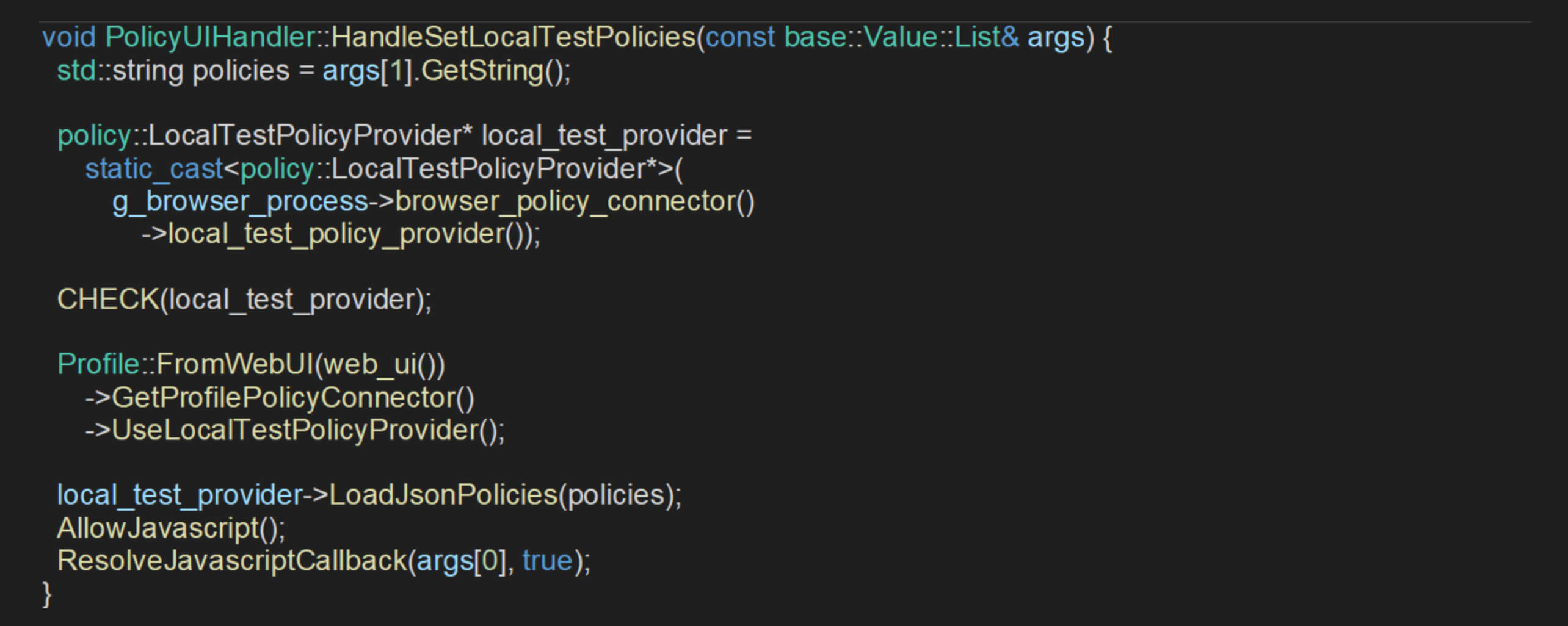 显示与 CVE-2024-6778 Chrome DevTools 漏洞相关的策略管理逻辑的代码片段