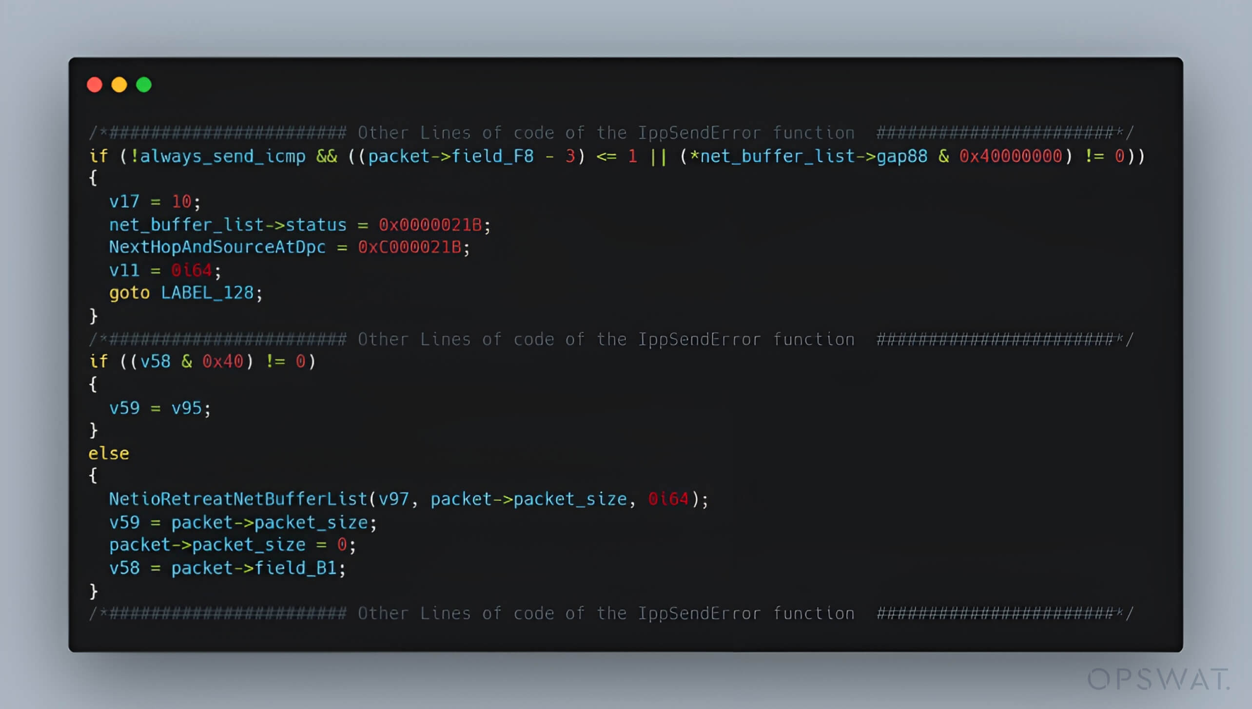 لقطة شاشة التعليمات البرمجية التي تُظهر دالة IppSendErrorList التي تضبط حجم الحزمة على صفر
