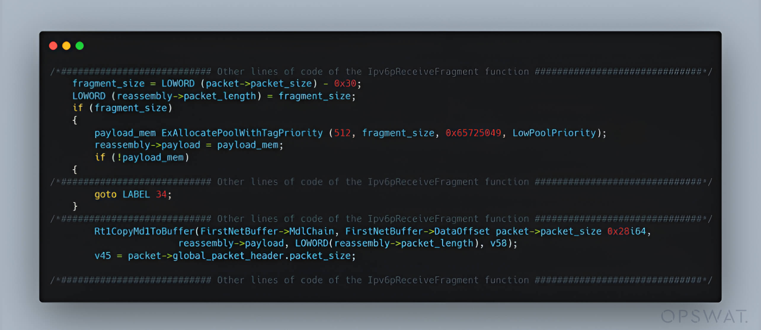 لقطة شاشة للرمز تُظهر تدفق عدد صحيح ناقص في معالجة جزء IPv6