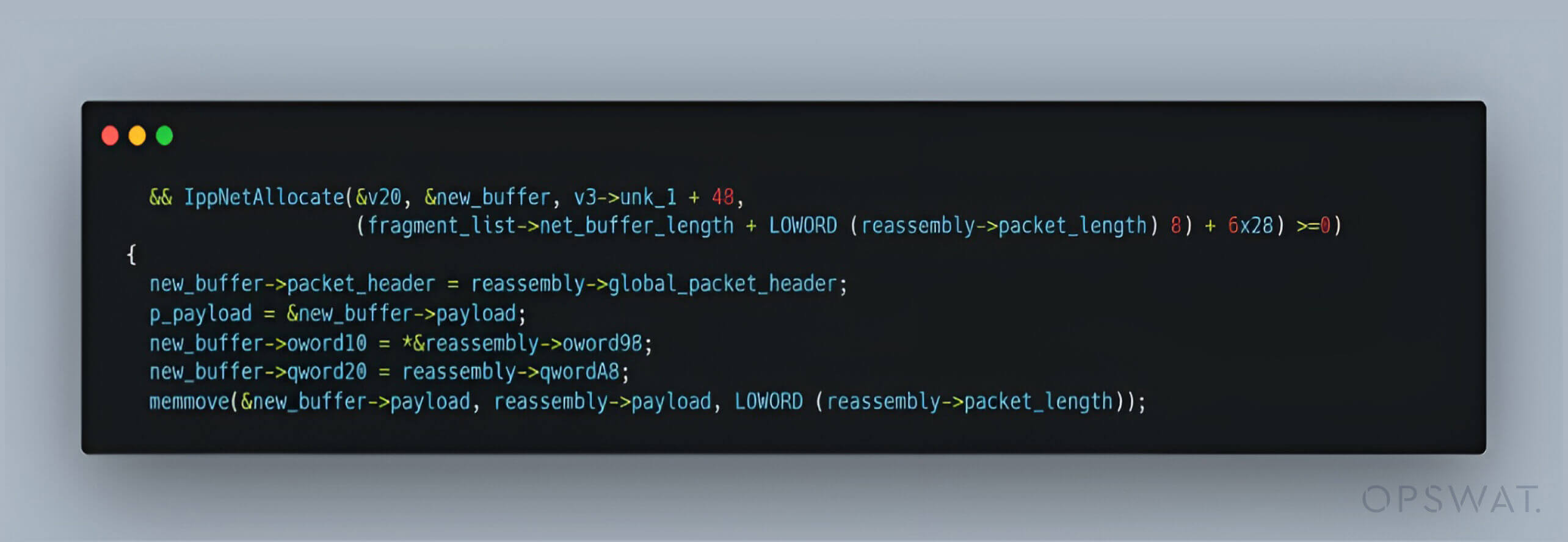لقطة شاشة للرمز توضح تجاوز سعة المخزن المؤقت بسبب عدم تطابق في تخصيص الذاكرة