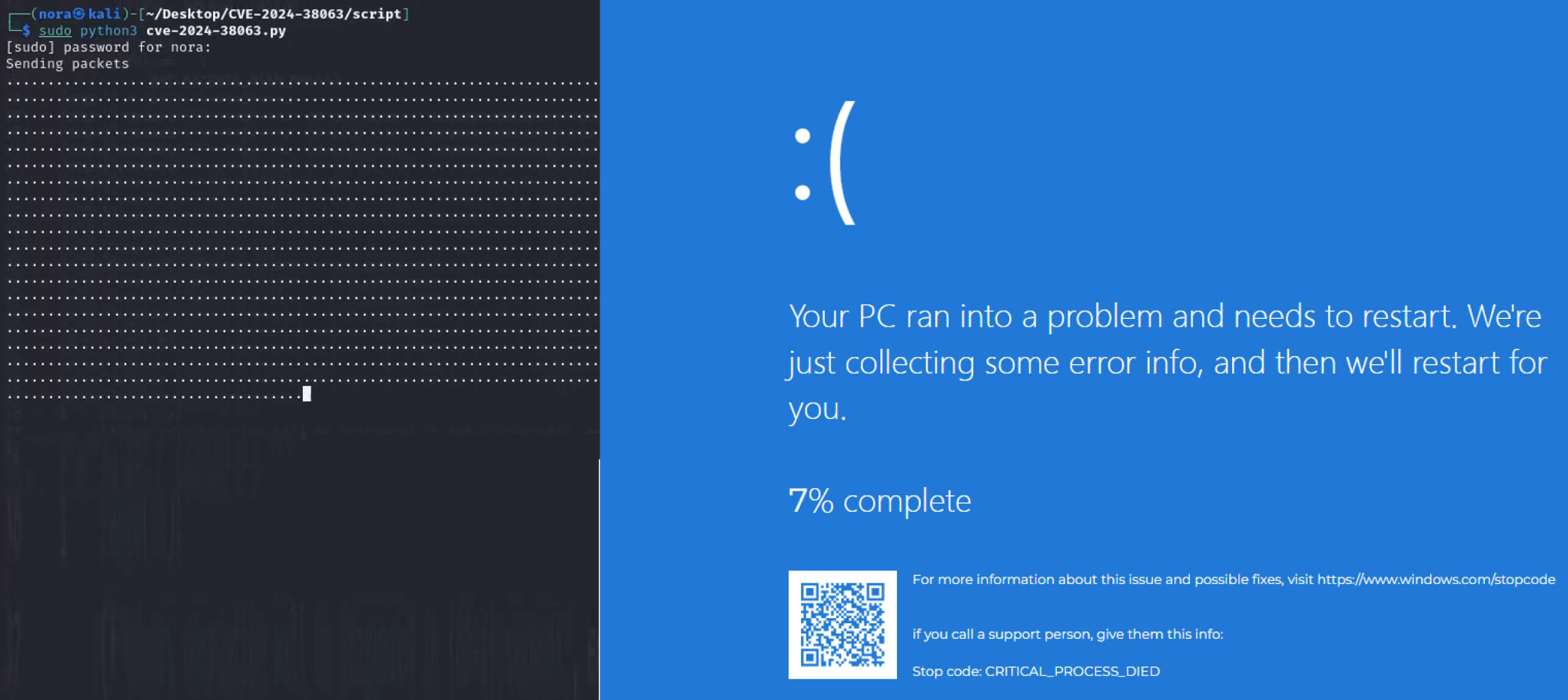 لقطة شاشة لواجهة المستخدم تُظهر شاشة الموت الزرقاء لنظام ويندوز بعد استغلال CVE-2024-38063