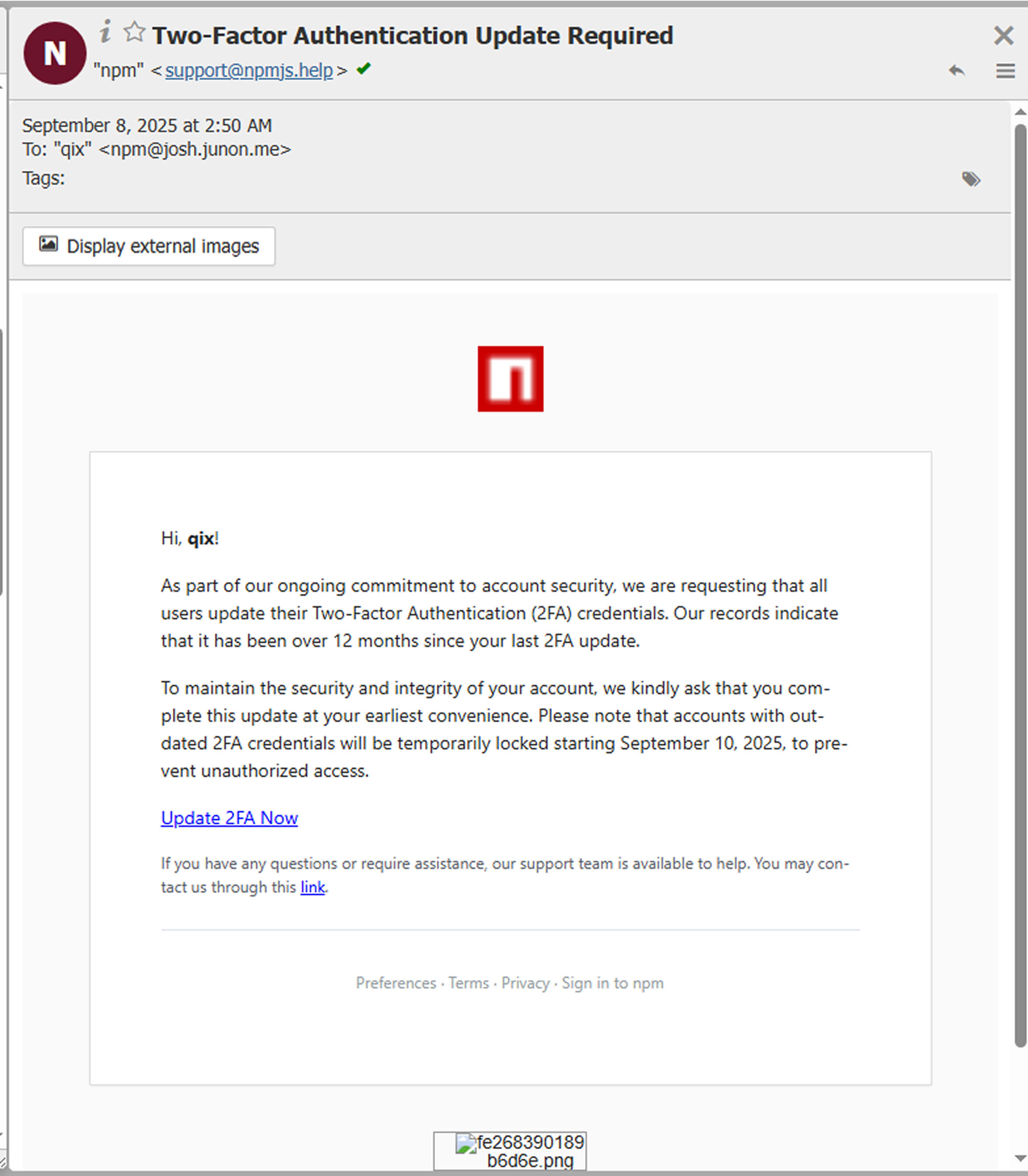 Phishing email screenshot mimicking npm, targeting open-source supply chain security with fake 2FA update request