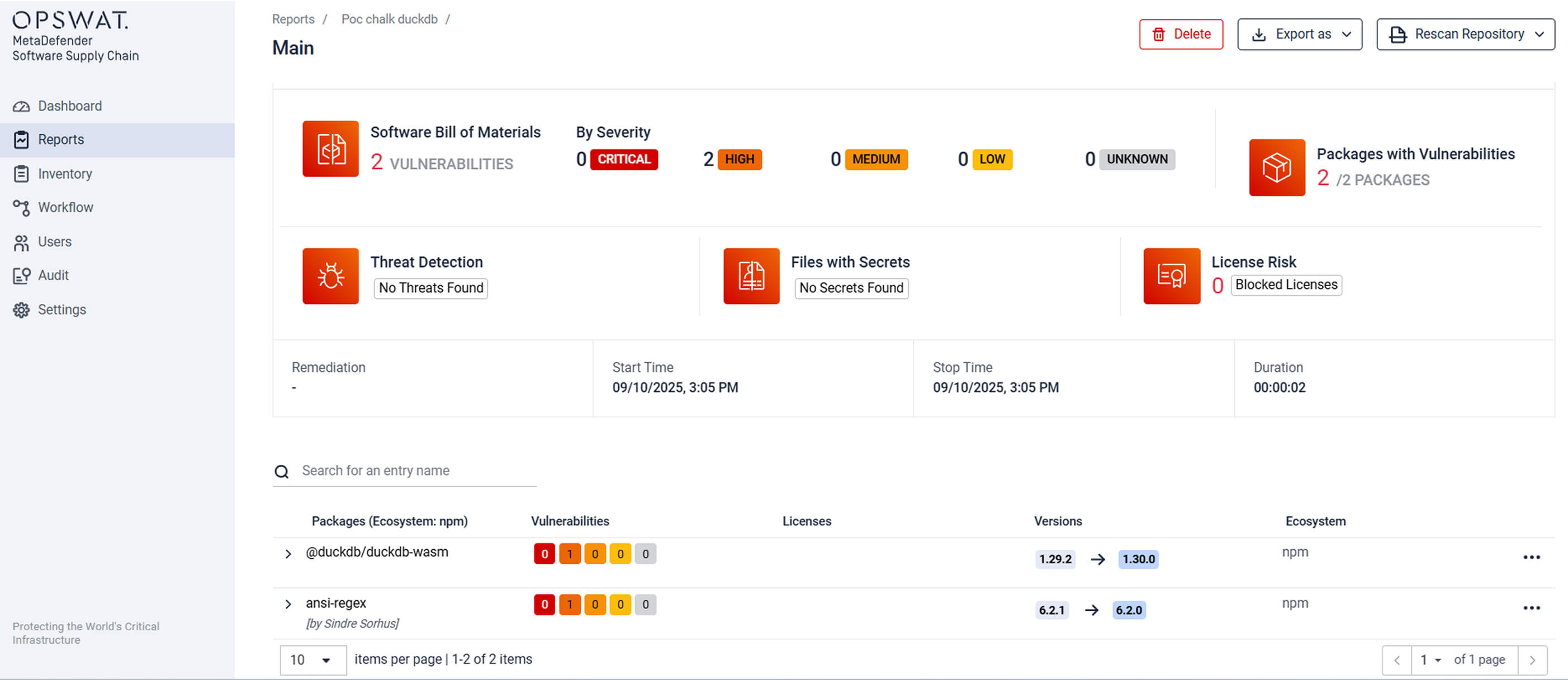 OPSWAT dashboard showing software supply chain security scan with 2 vulnerabilities in npm packages