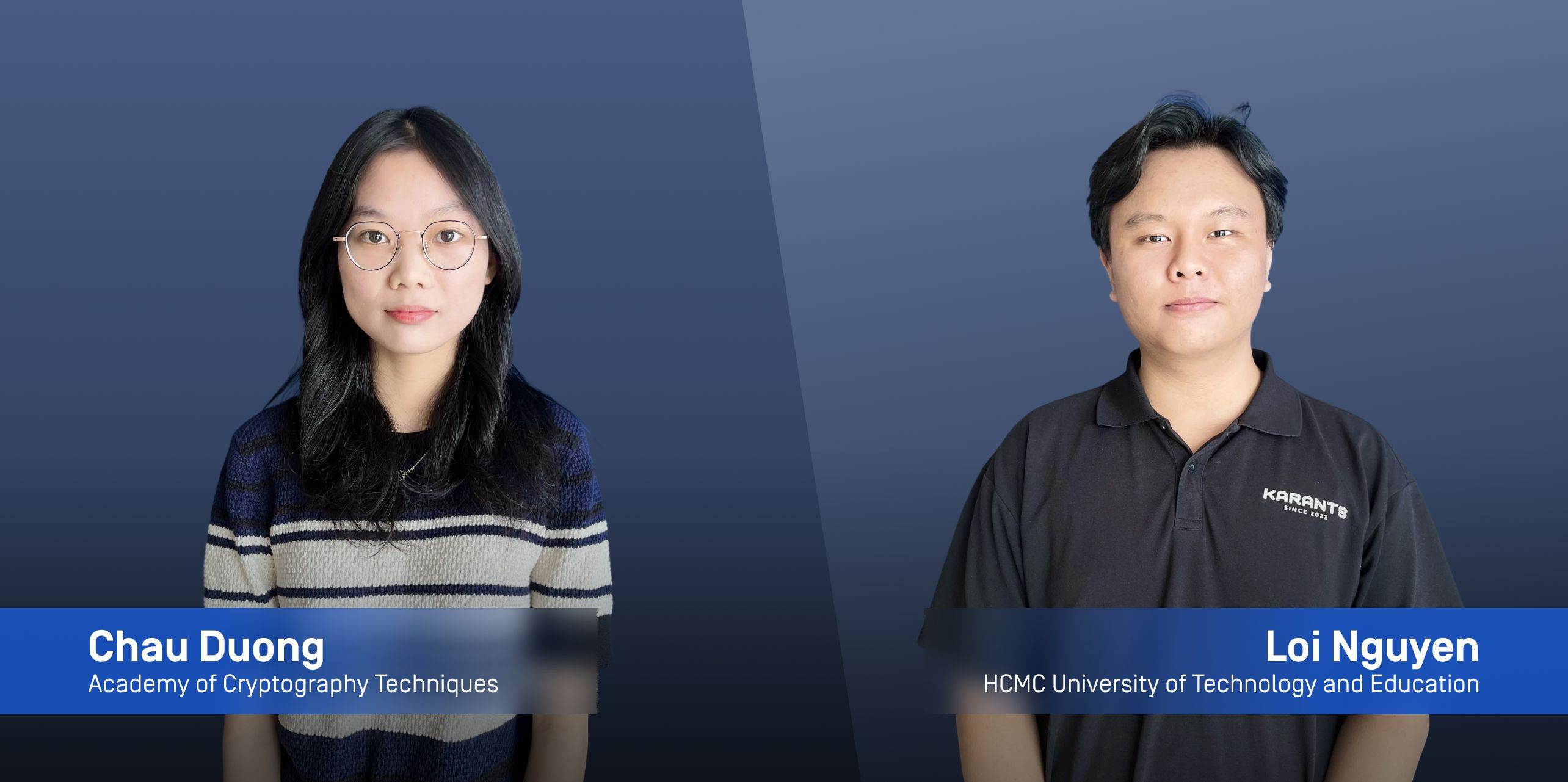 OPSWAT 基礎設施網路安全研究生獎學金計畫的兩位研究員,背景為藍色