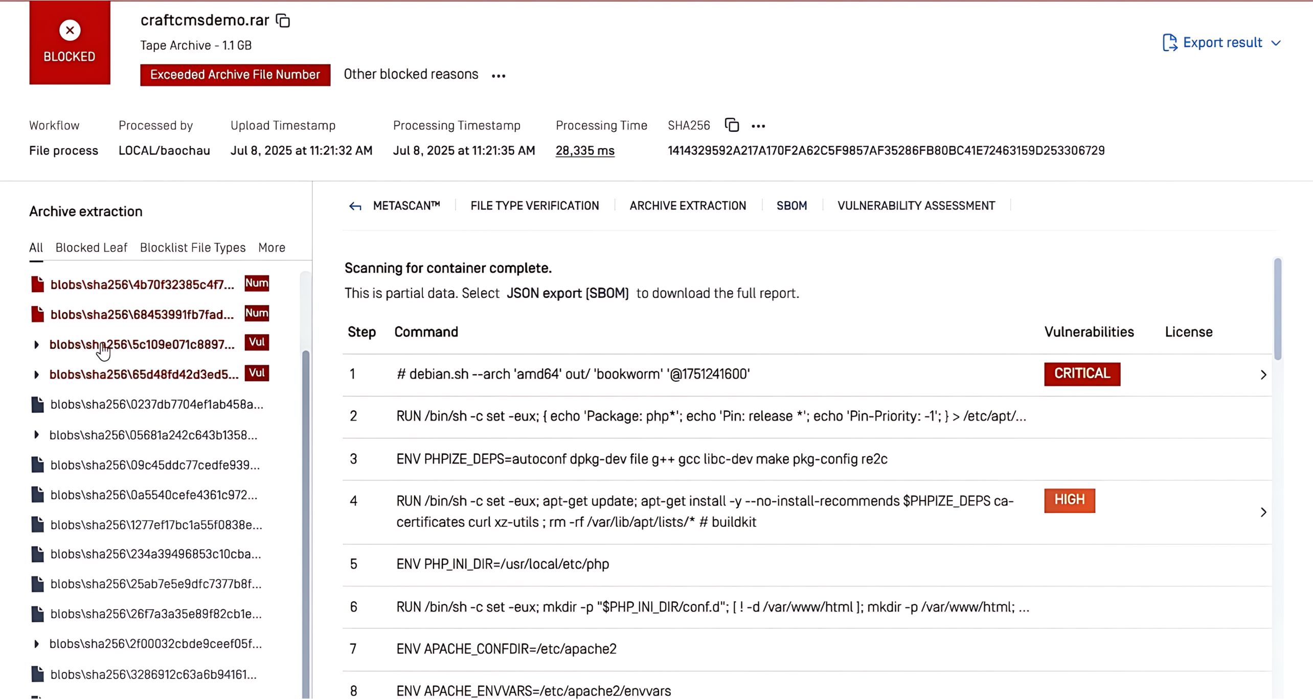 安全掃描介面顯示已封鎖的 Craft CMS 檔案庫,該檔案庫存在關鍵漏洞,需進行 CVE-2025-32432 緩解措施