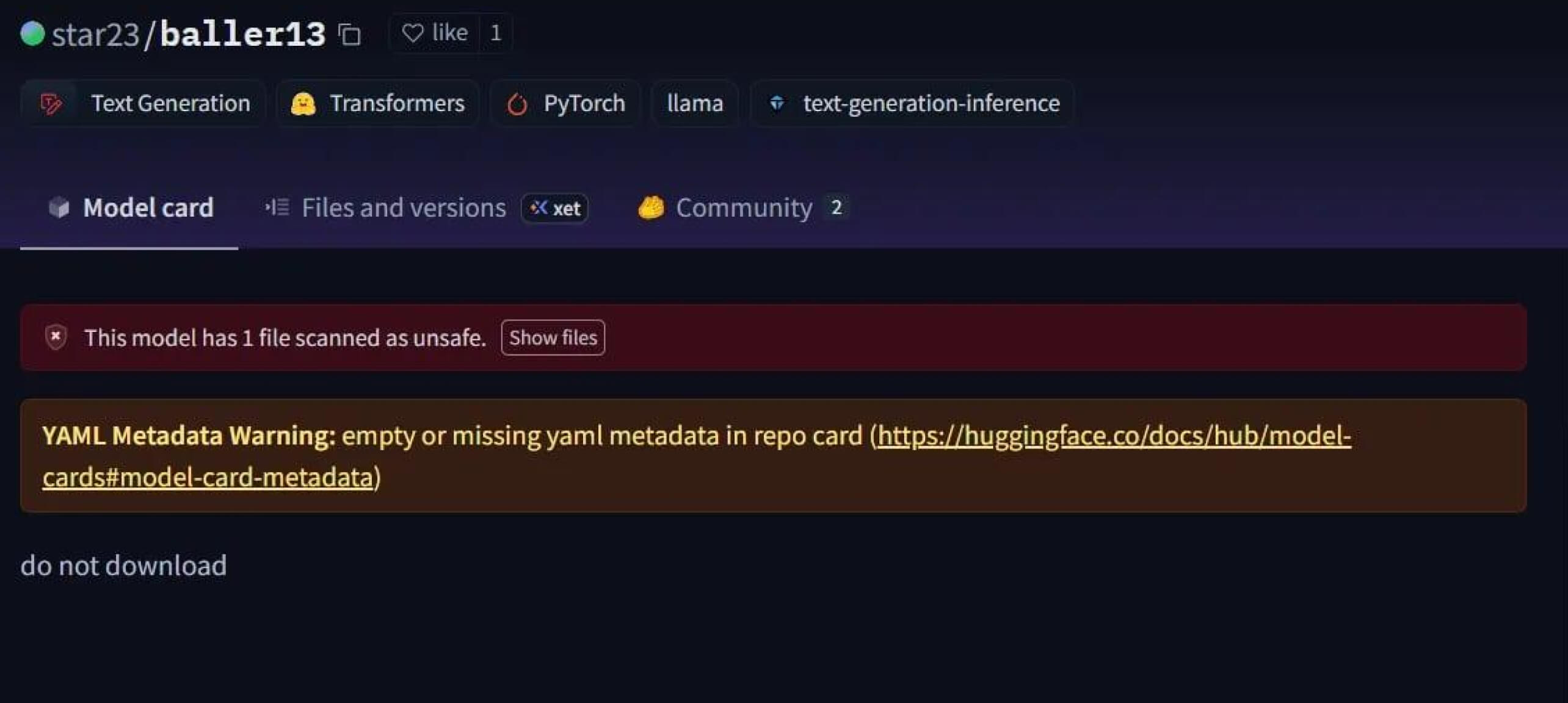UI screenshot showing warning about detecting malware in AI models with a file scanned as unsafe and YAML metadata warning