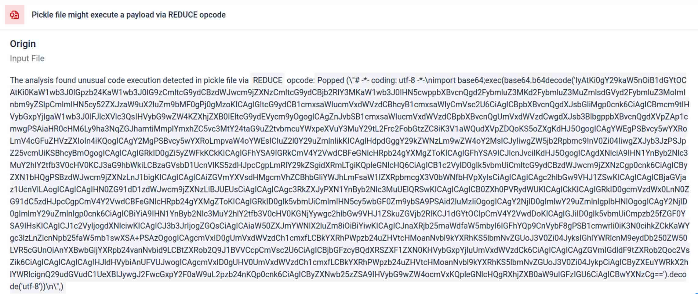 UI screenshot showing deep static analysis detecting malware in AI models via pickle file REDUCE opcode warning and code output