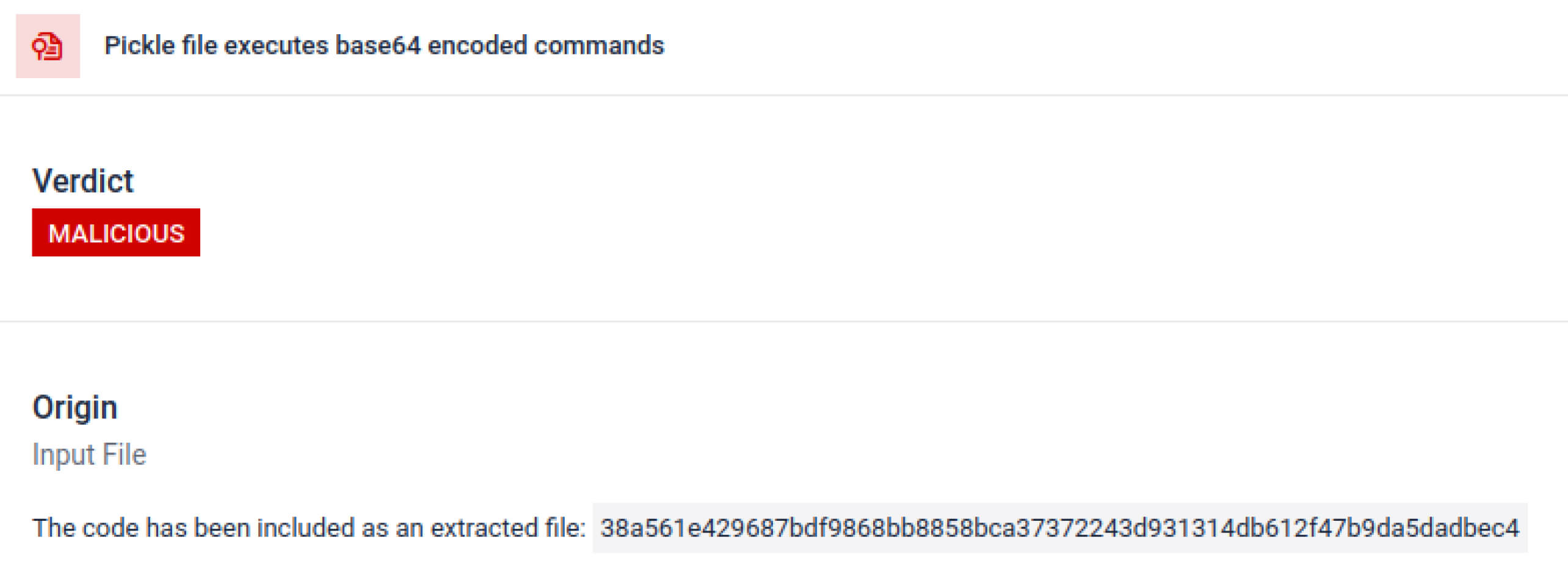 UI screenshot showing deep static analysis verdict of malicious pickle file for detecting malware in AI models
