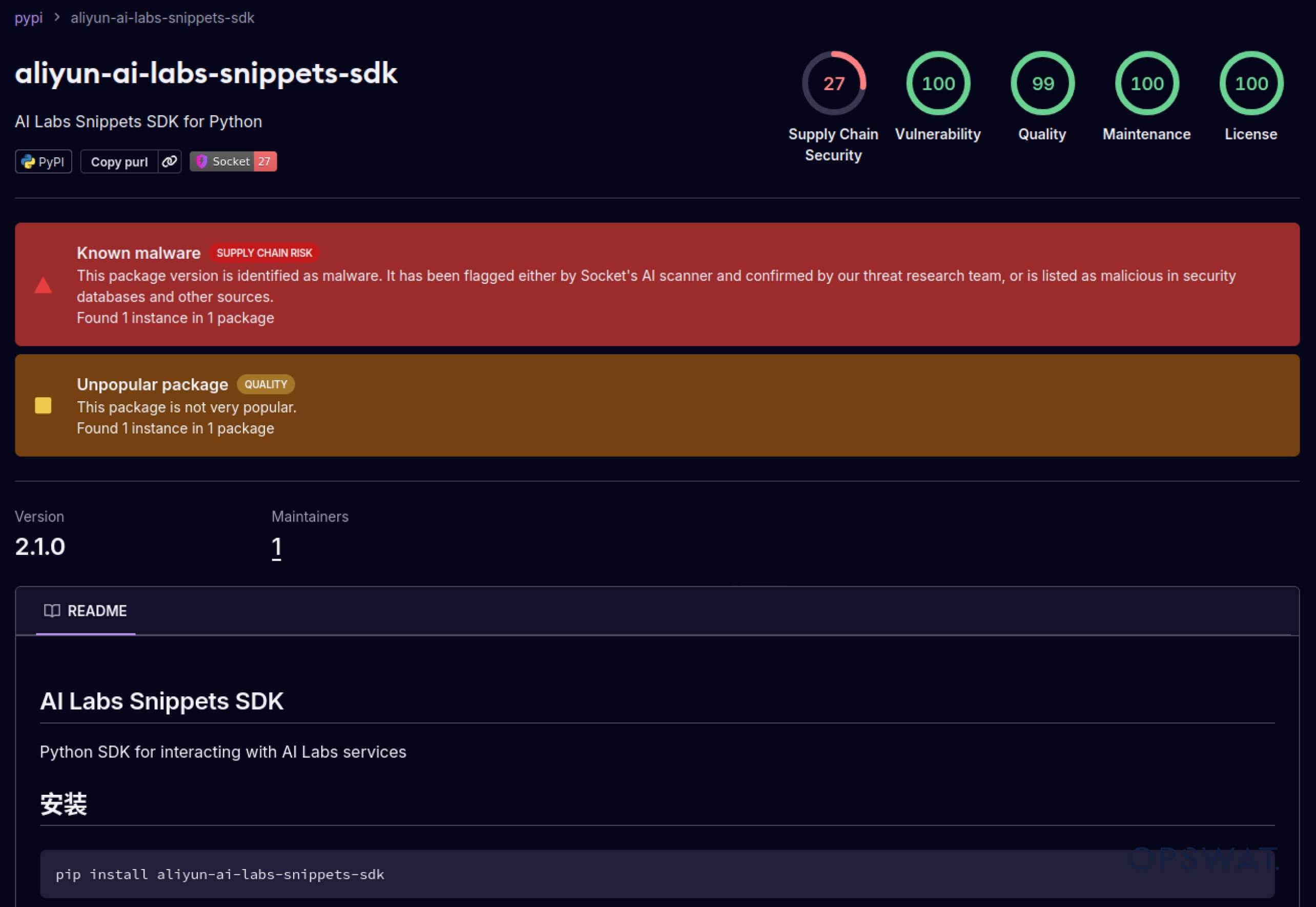 UI screenshot showing supply chain risk alert for detecting malware in AI models in a Python SDK package
