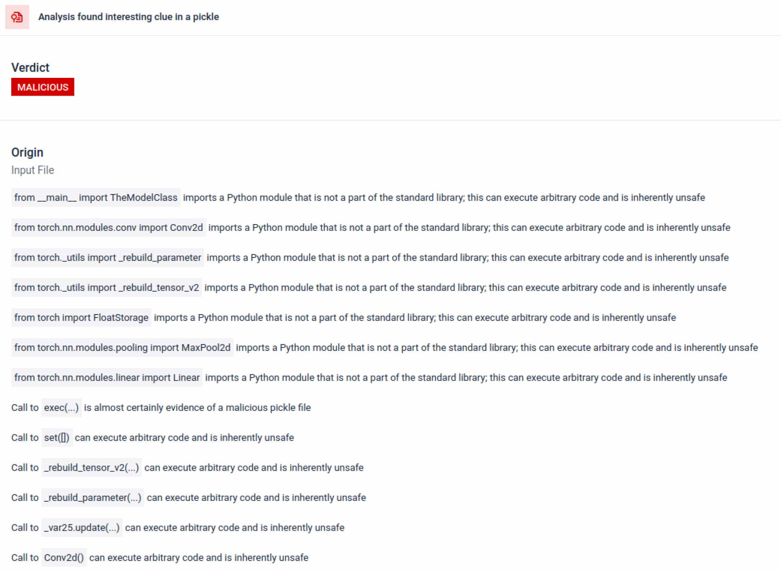 UI screenshot showing malware detection in AI model pickle file with malicious verdict and unsafe Python imports listed