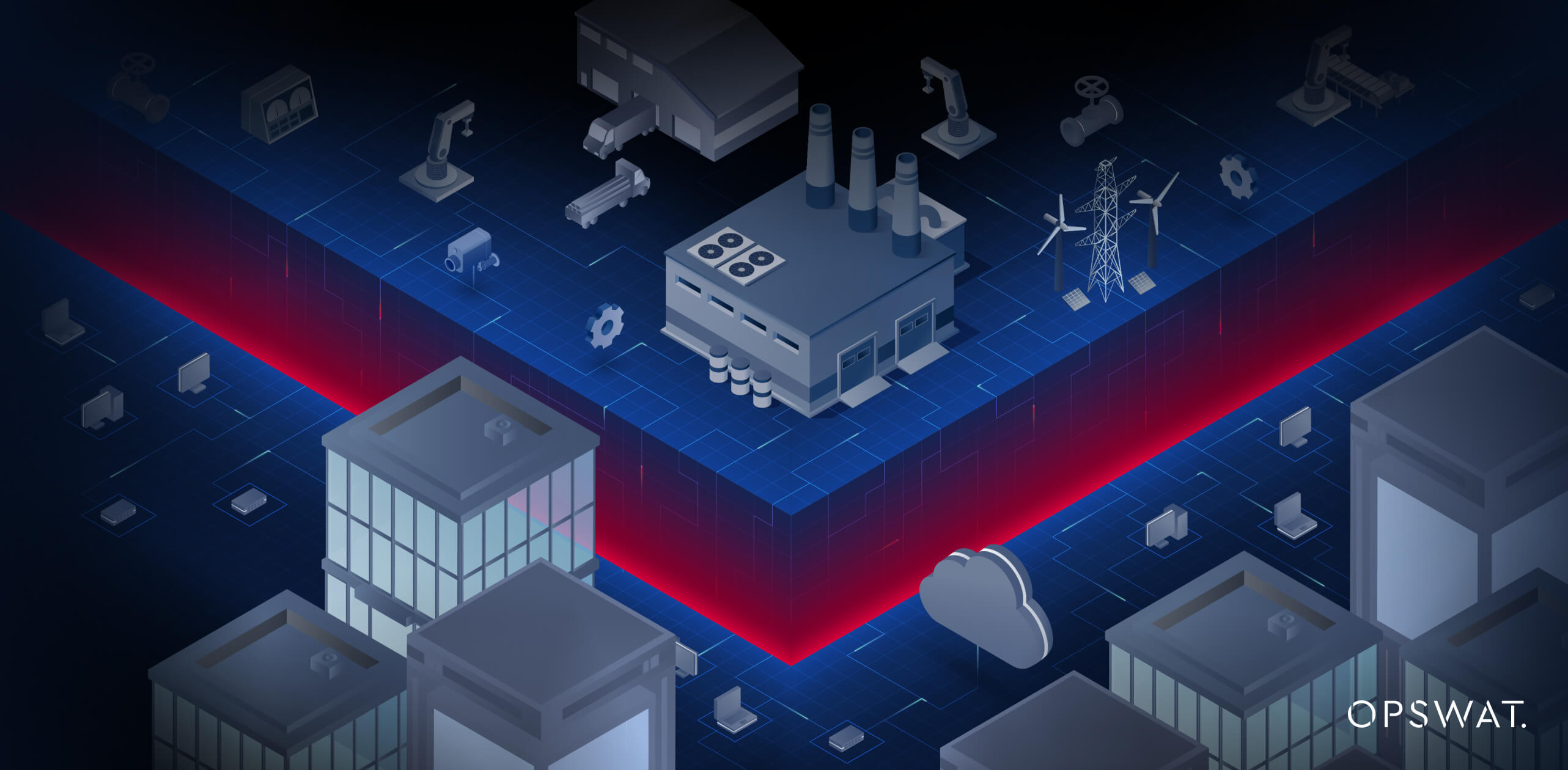 A graphical representation of industrial and enterprise systems protected by OPSWAT solutions