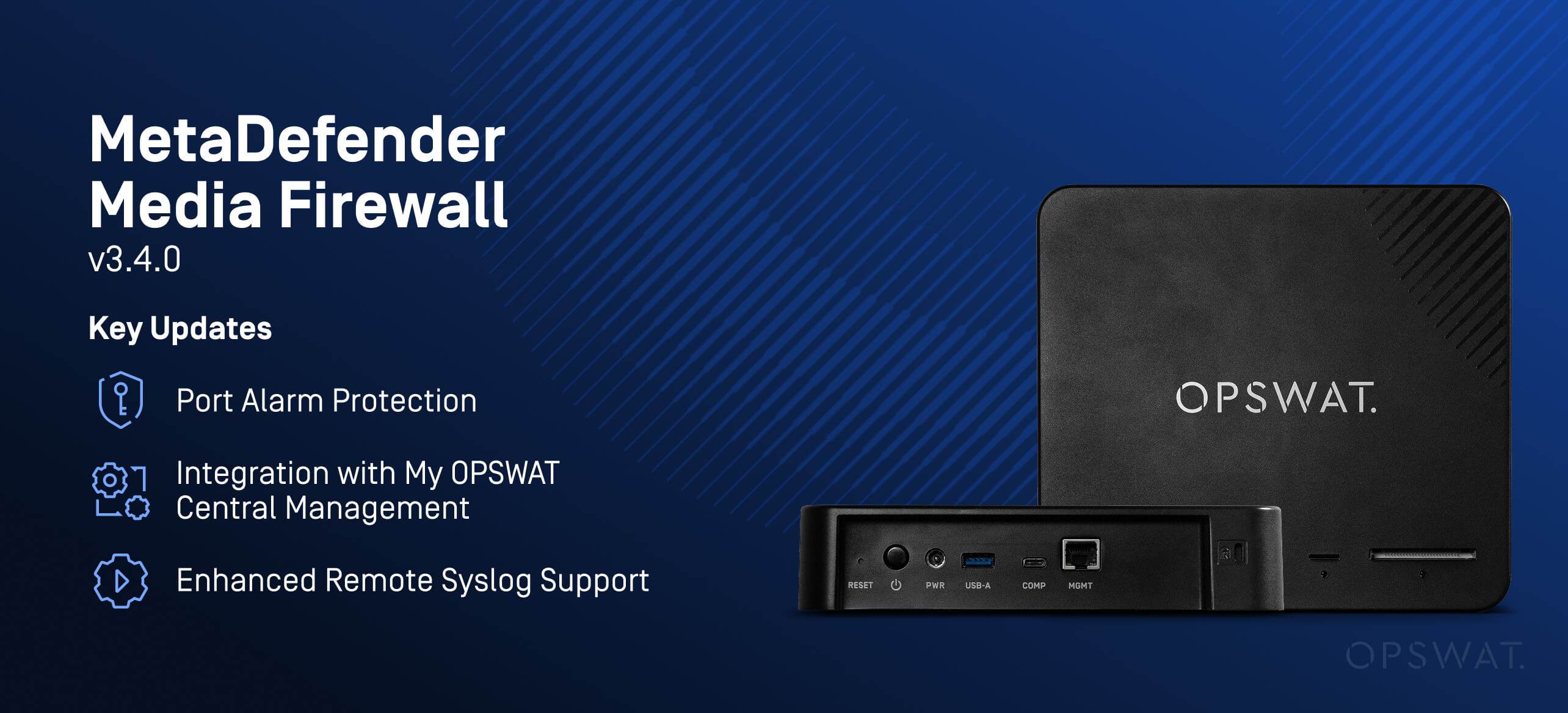Grafik mit verbesserten Sicherheitsfunktionen für Wechseldatenträger in MetaDefender Media Firewall v3.4.0, die die Programmverwaltung und Alarmierung hervorhebt