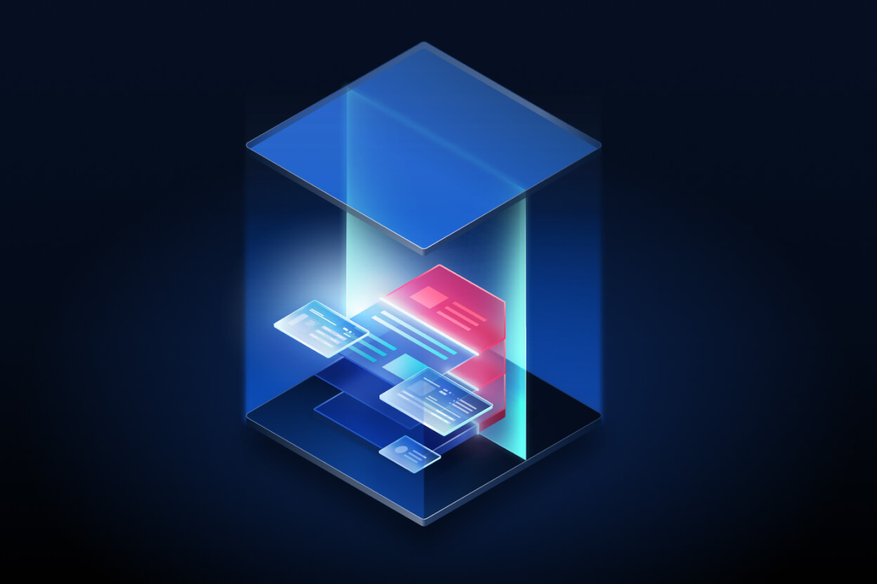 3D illustration of secure file transfer with digital documents in a protected cube, representing insurance company data security