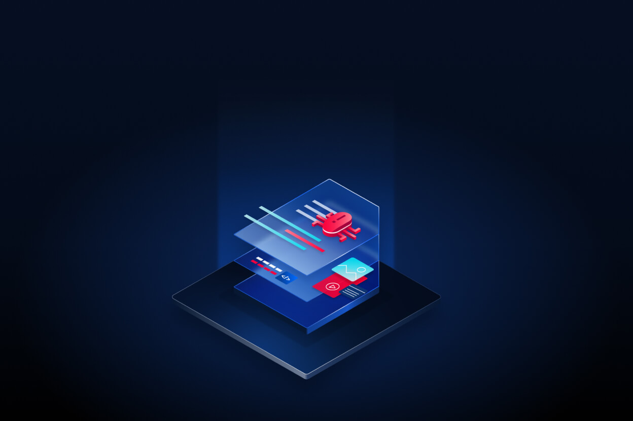 3D graphic of layered files and a red bug icon, symbolizing insurance company secure file transfer with Metascan multiscanning