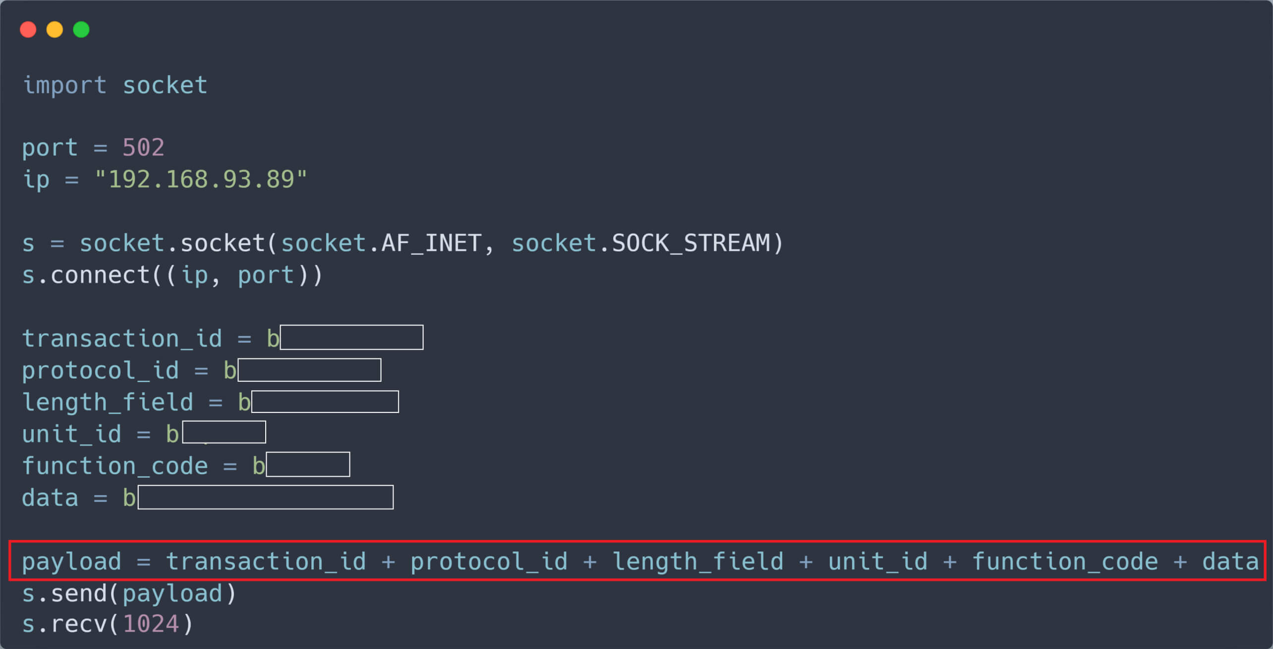 مثال على كود بايثون لبدء اتصال Modbus TCP وإرسال حمولة
