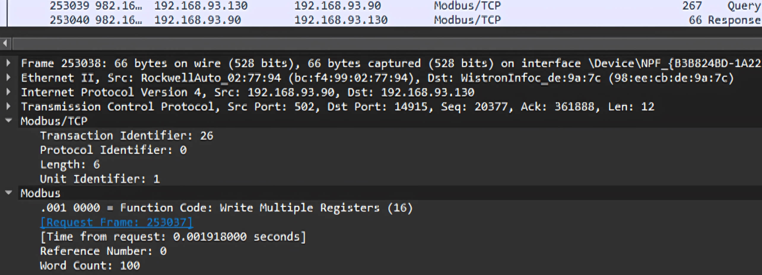 التقاط حزمة تُظهر بروتوكول Modbus/TCP مع رمز دالة كتابة سجلات متعددة