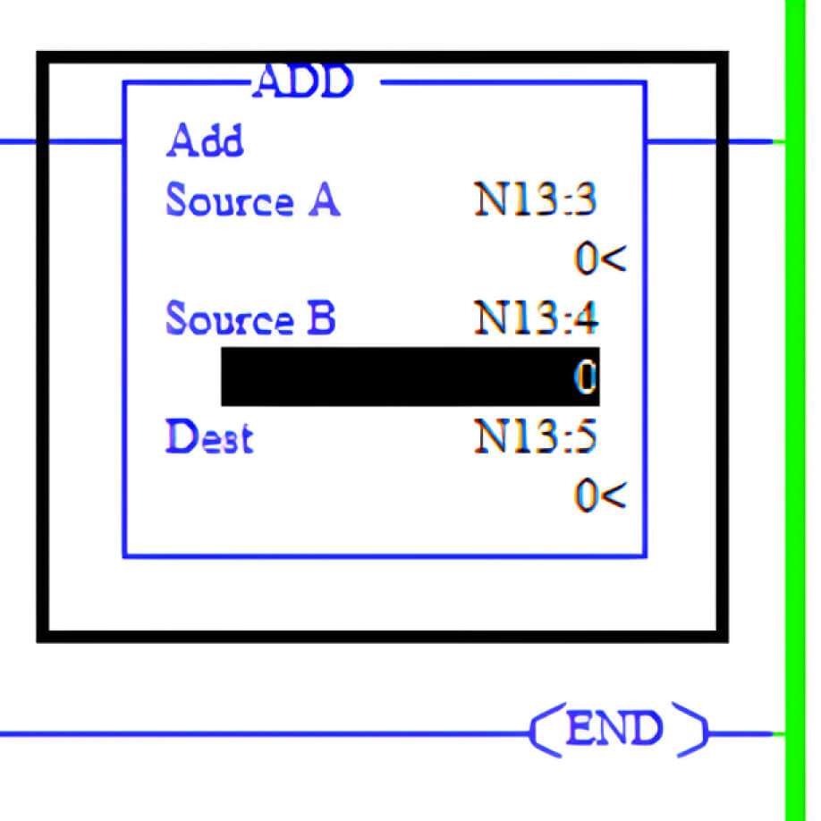 لقطة شاشة لمخطط السلم المنطقي مع كتلة دالة ADD لإضافة قيم مصدرية